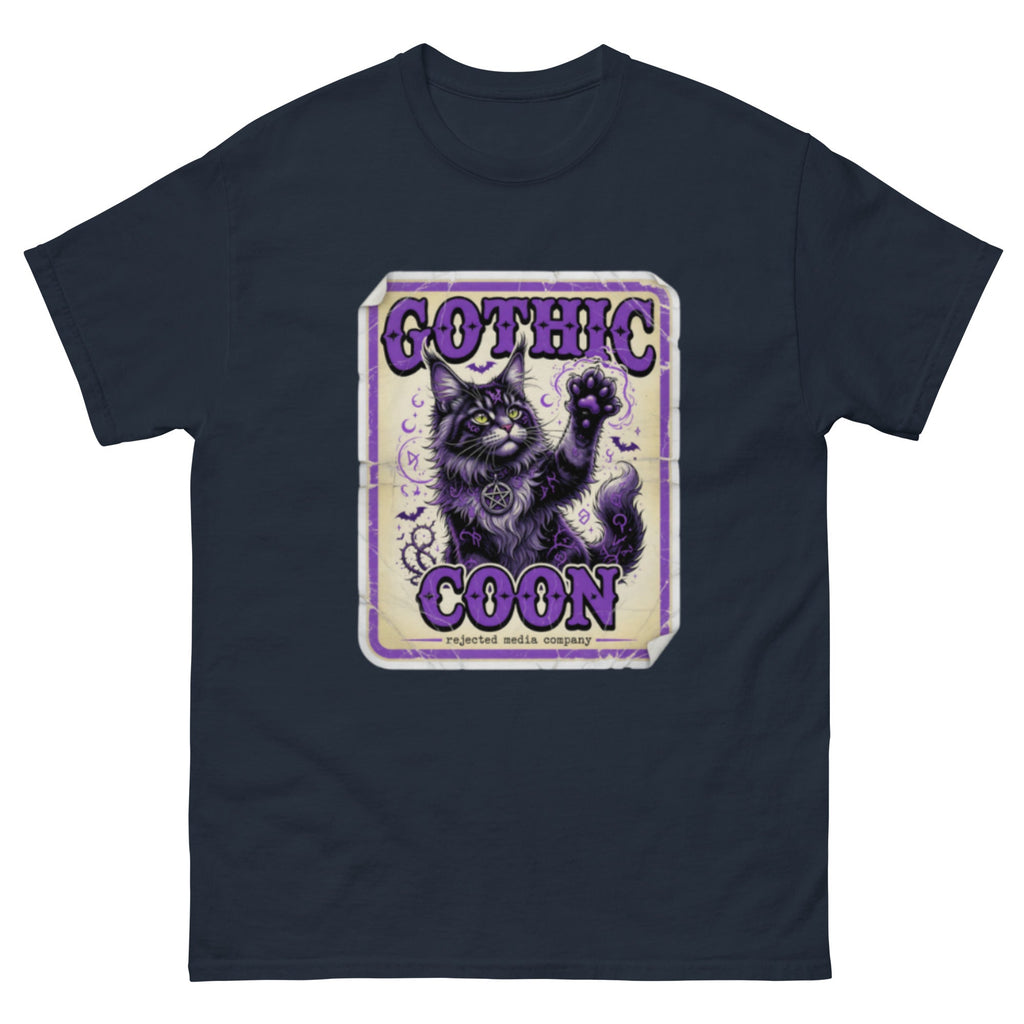 Gothic Coon tee — purple and black Maine Coon cat with a pentacle collar and one paw raised, vintage poster frame