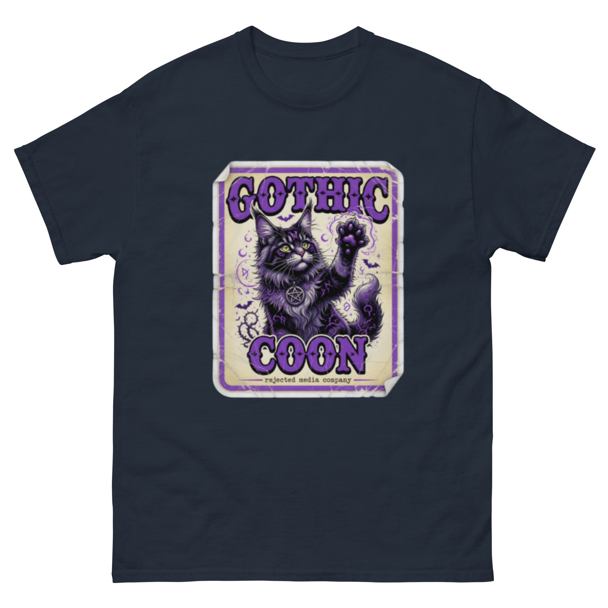 Gothic Coon tee — purple and black Maine Coon cat with a pentacle collar and one paw raised, vintage poster frame