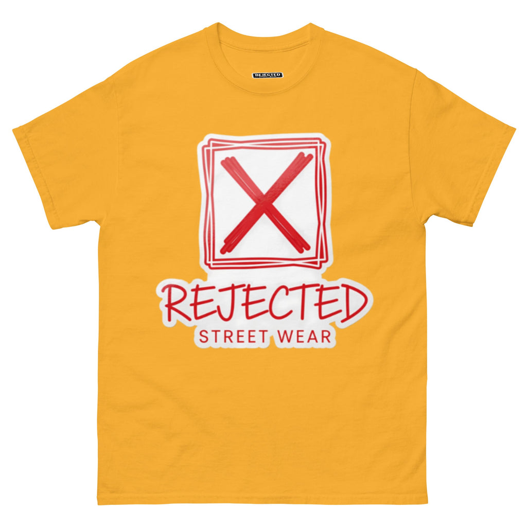 Rejected Street Wear box logo tee — hand-drawn red frame with a brushed X and REJECTED STREET WEAR in red beneath