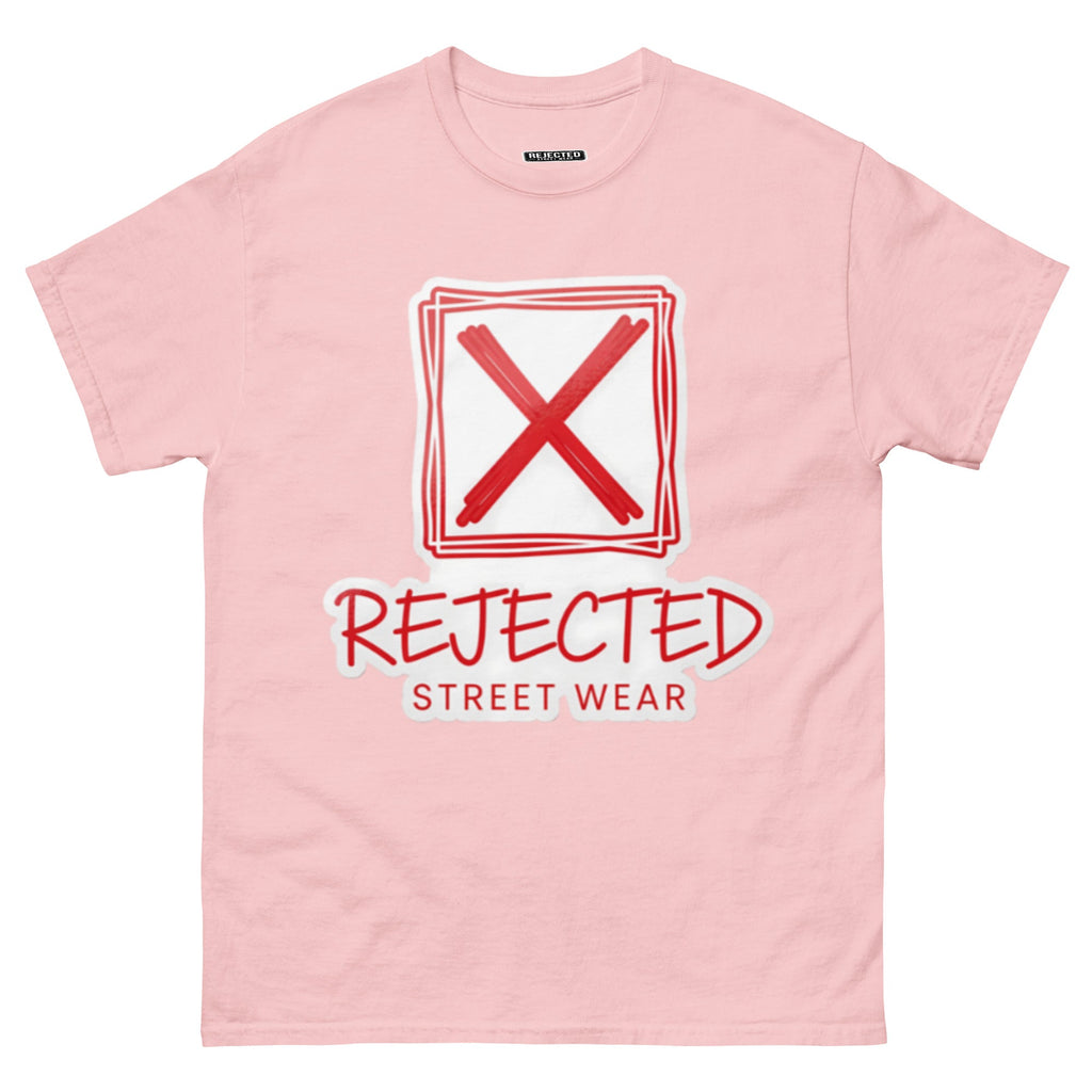 Rejected Street Wear box logo tee — hand-drawn red frame with a brushed X and REJECTED STREET WEAR in red beneath