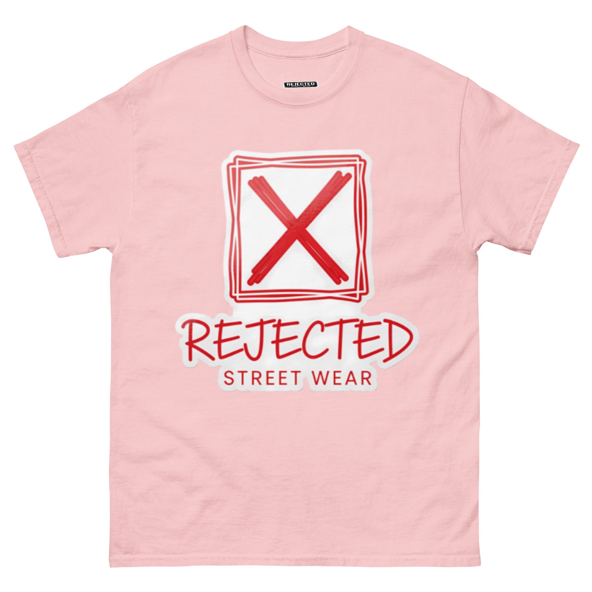 Rejected Street Wear box logo tee — hand-drawn red frame with a brushed X and REJECTED STREET WEAR in red beneath