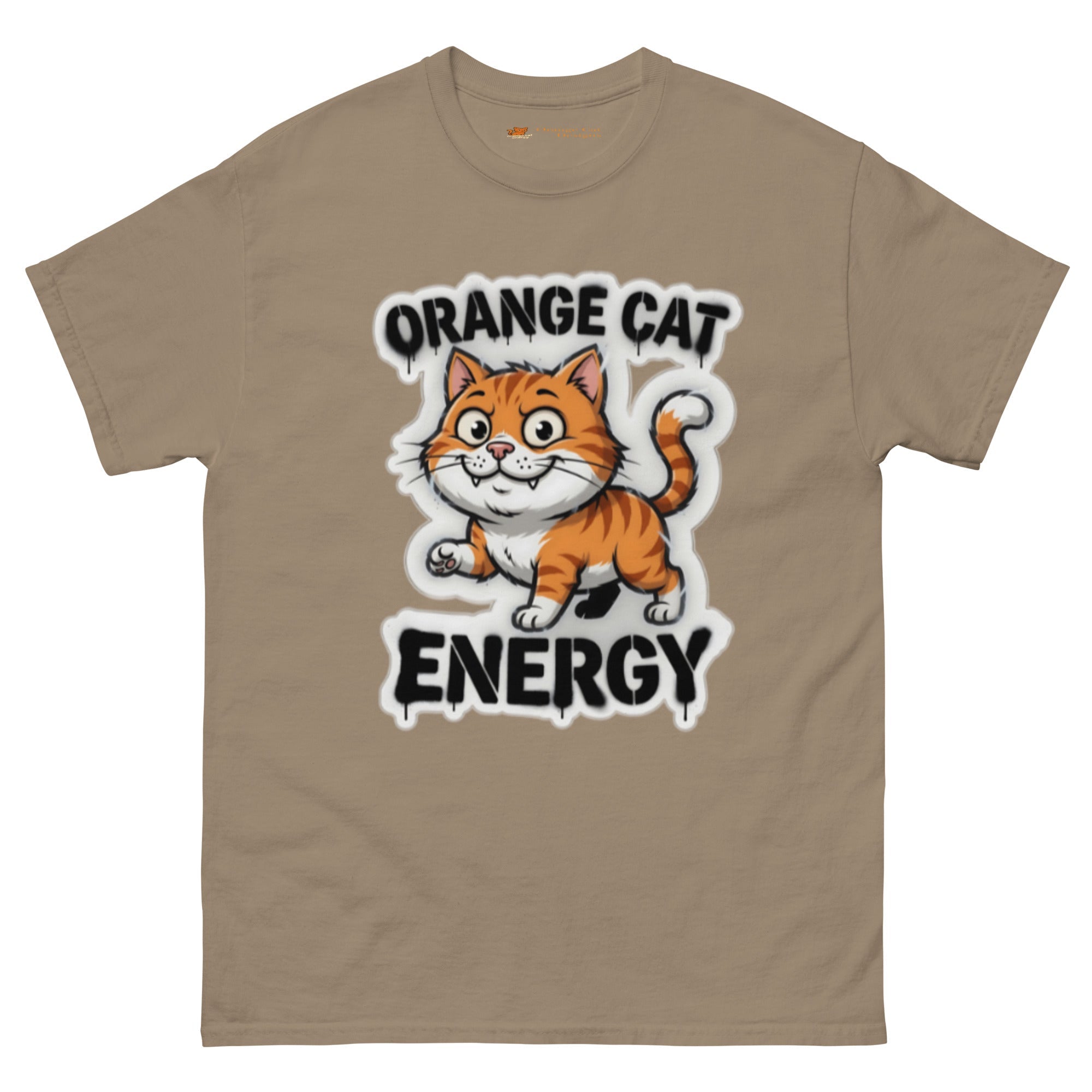 Orange Cat Energy tee — wide-eyed orange tabby mid-launch under drippy graffiti lettering
