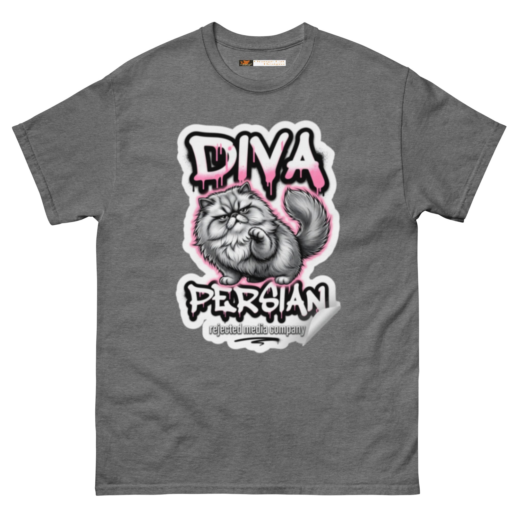 Diva Persian cat tee — fluffed-out Persian cat with an unimpressed face under pink graffiti drip lettering