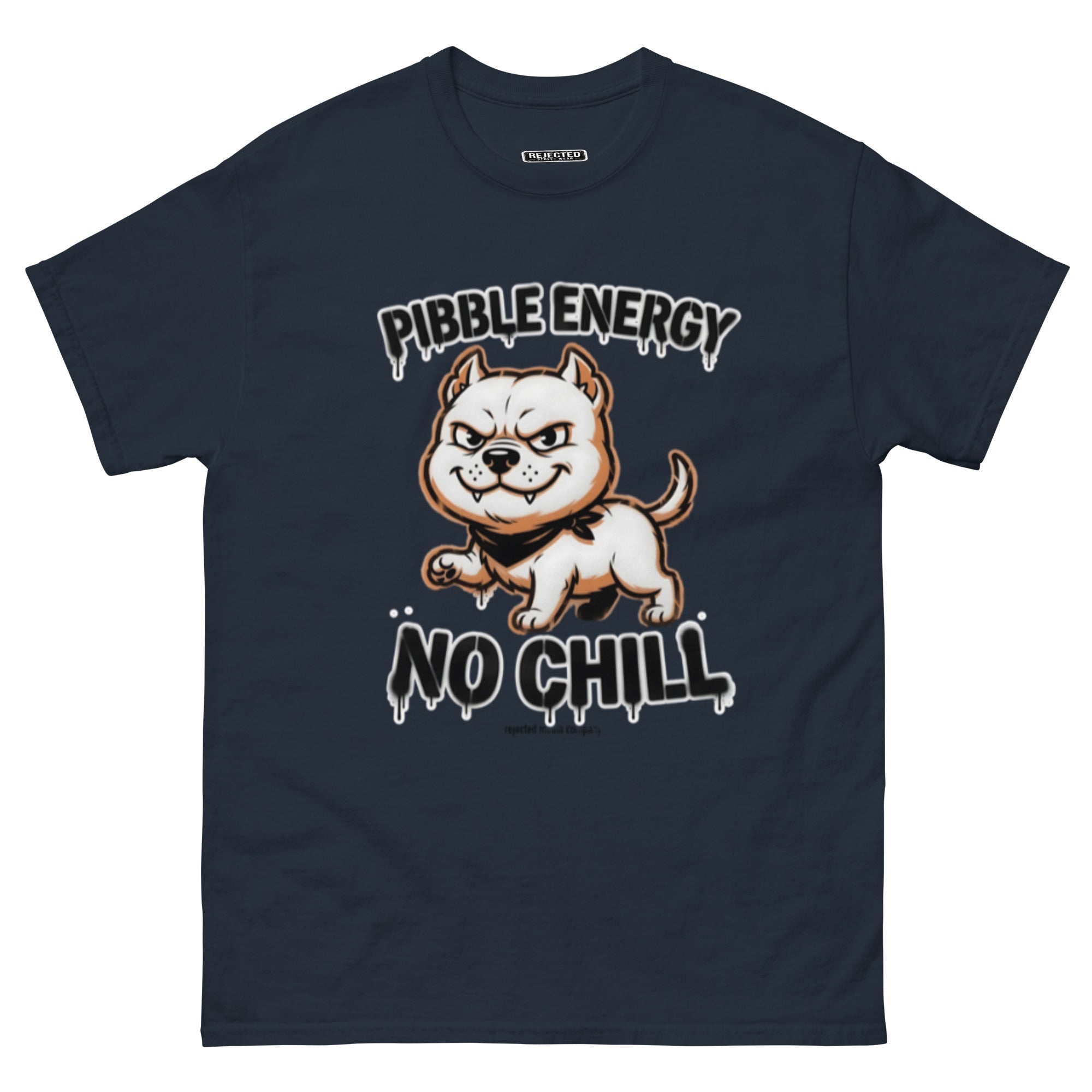 Pibble Energy No Chill tee — grinning bully pup at a dead sprint under graffiti lettering