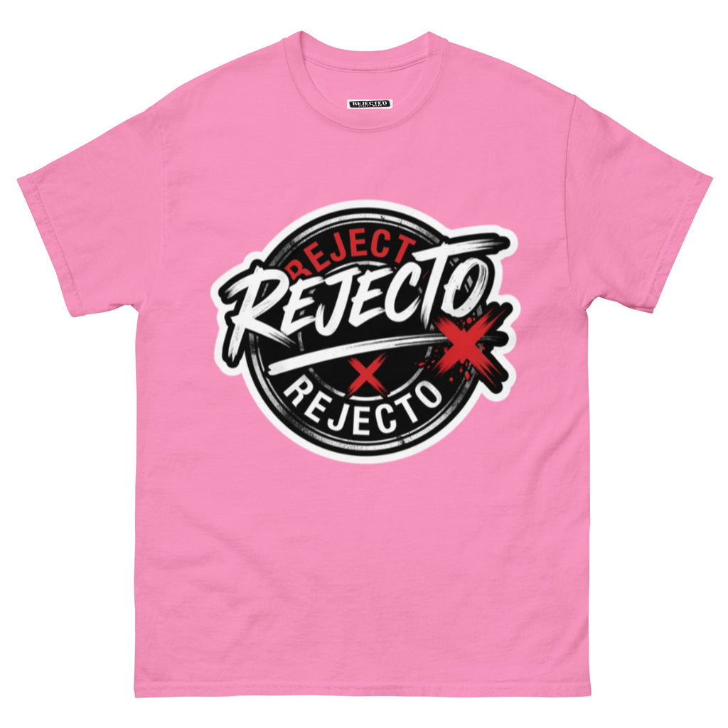 Rejected Street Wear emblem tee — black circle badge with white brush script and a red X slash