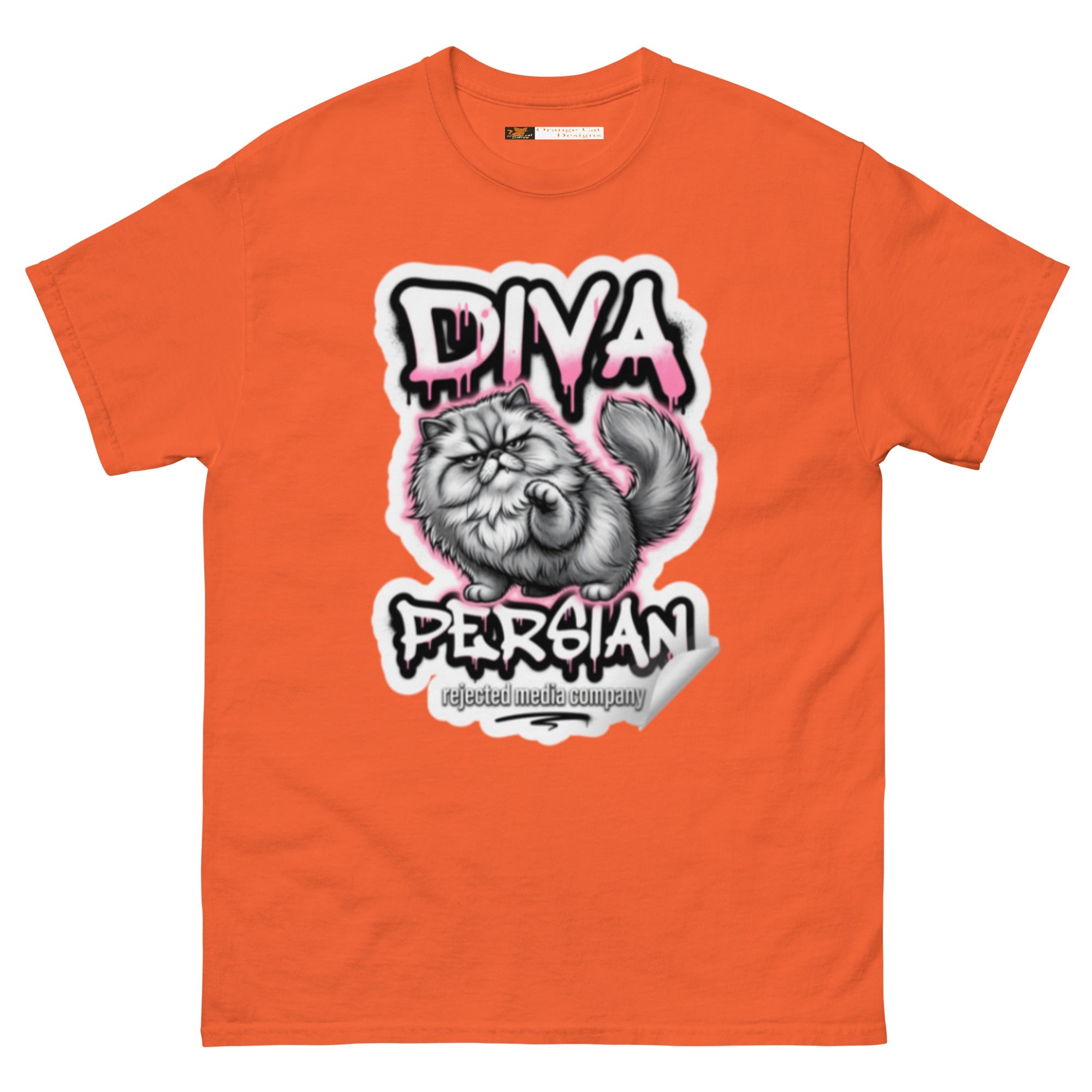 Diva Persian cat tee — fluffed-out Persian cat with an unimpressed face under pink graffiti drip lettering