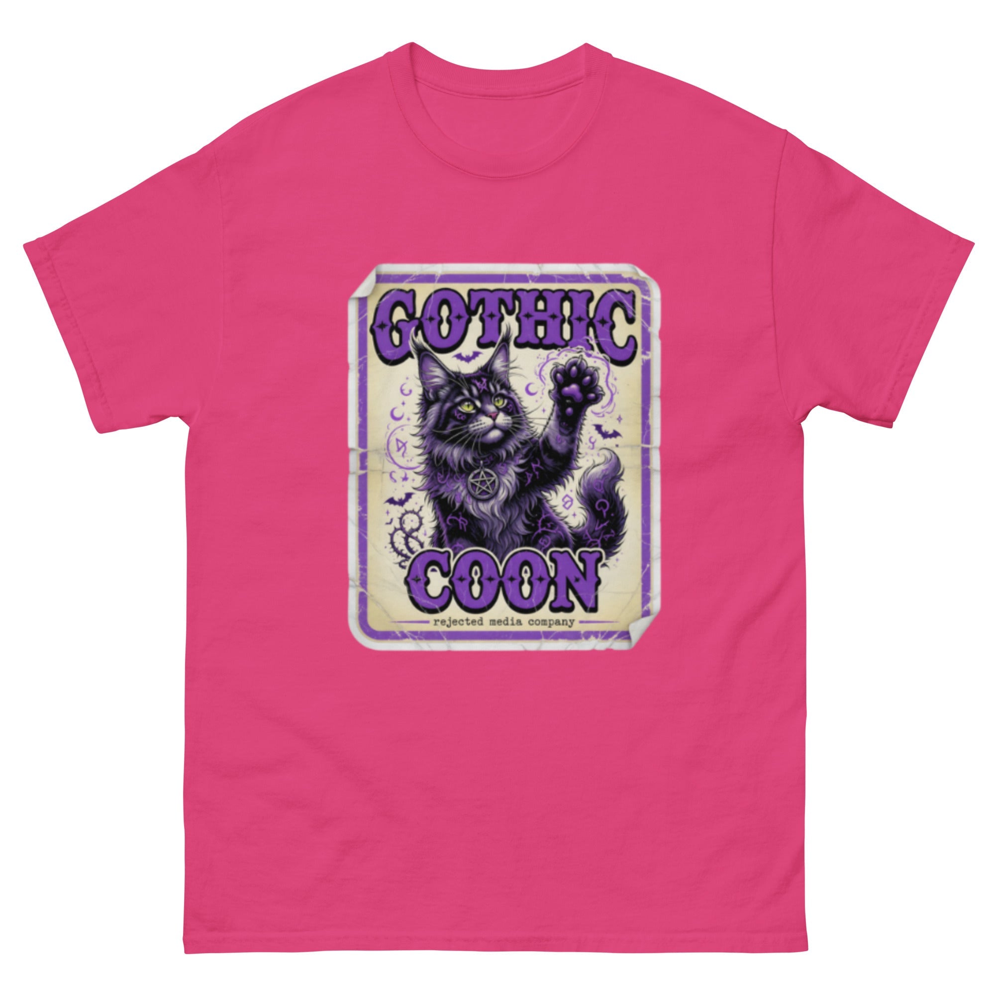 Gothic Coon tee — purple and black Maine Coon cat with a pentacle collar and one paw raised, vintage poster frame