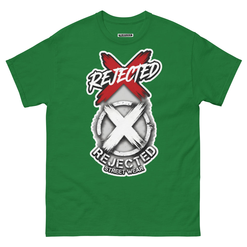 Reject Labels Be Human tee — REJECTED crossed out in red above the X emblem with the word Human underneath