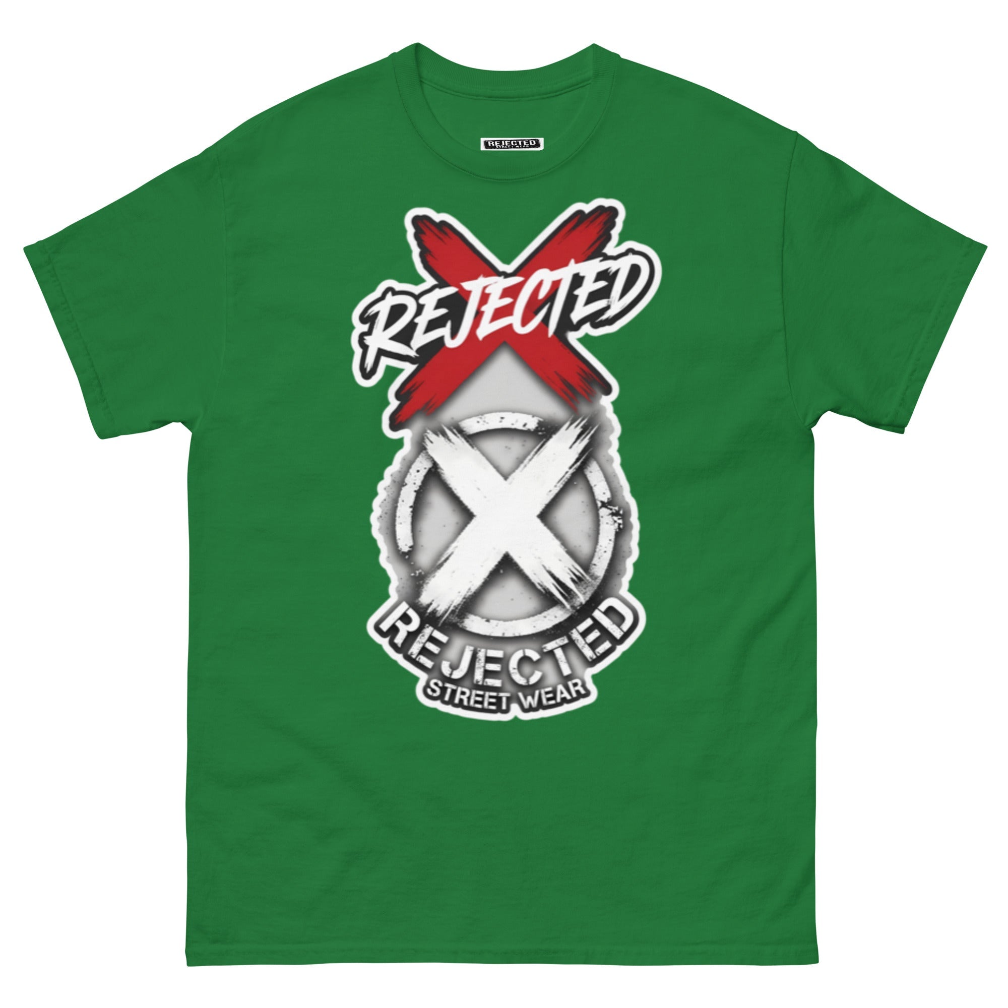 Reject Labels Be Human tee — REJECTED crossed out in red above the X emblem with the word Human underneath