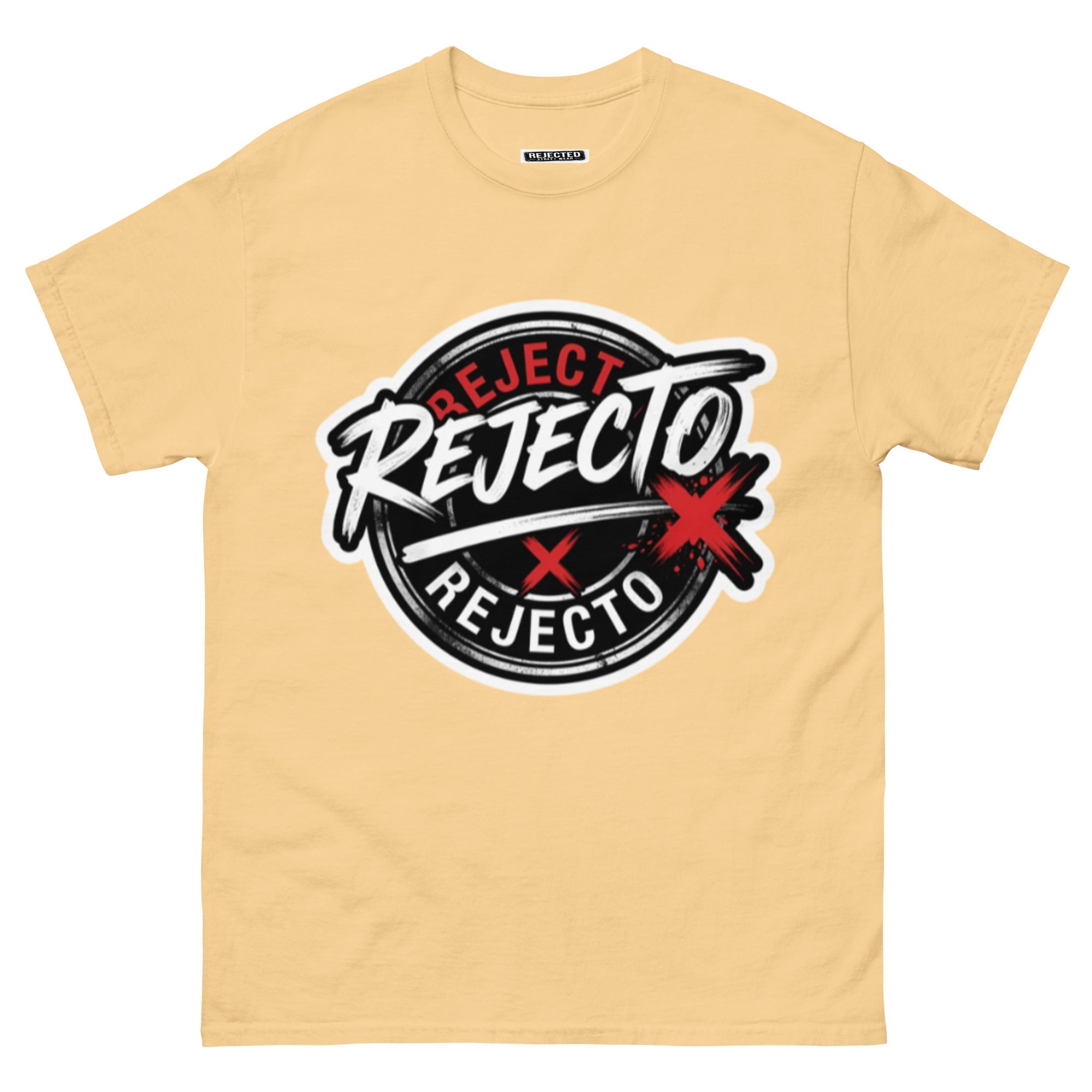 Rejected Street Wear emblem tee — black circle badge with white brush script and a red X slash