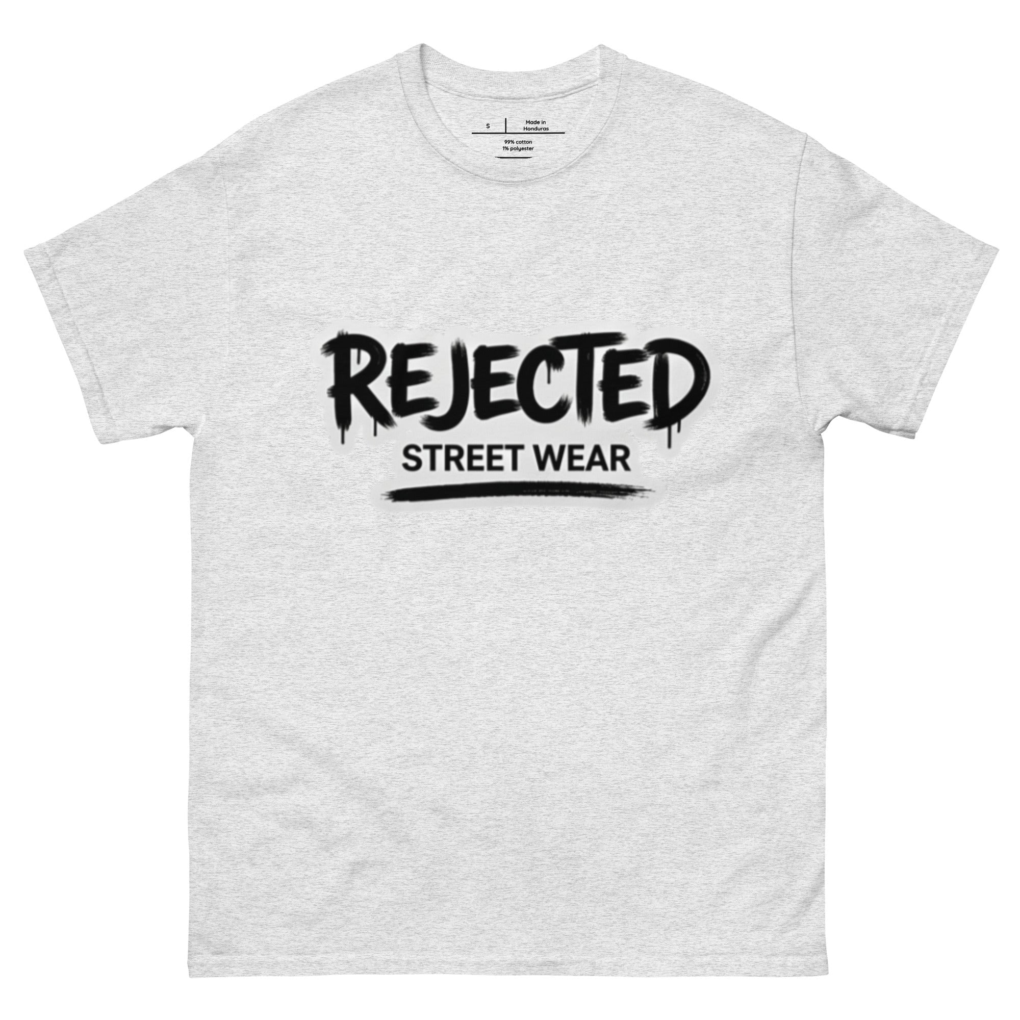 Rejected Street Wear graffiti logo tee — REJECTED in dripping spray-paint script over underlined STREET WEAR