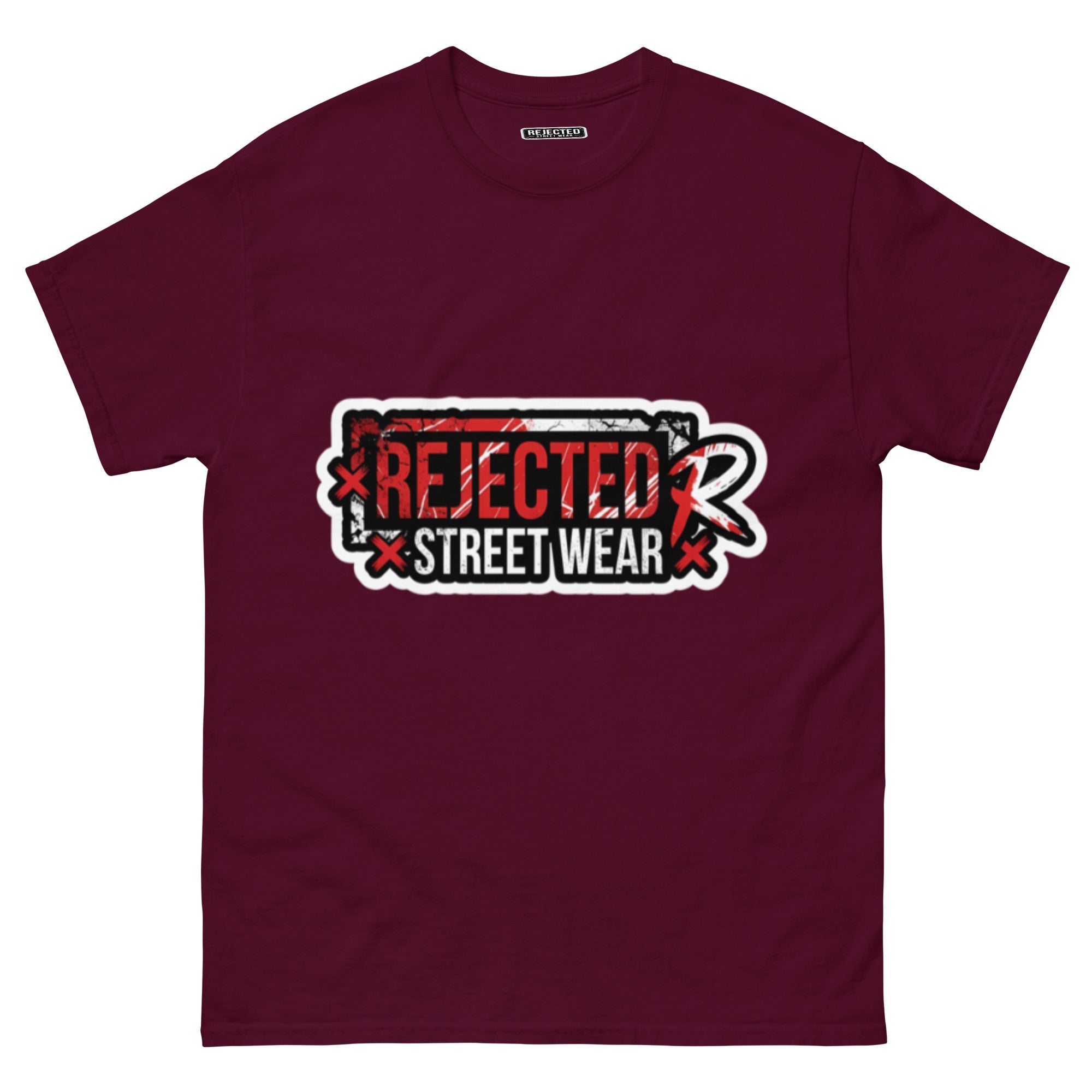 Rejected Street Wear red box logo tee — red-framed REJECTED STREET WEAR stamp with corner x marks and a red slash
