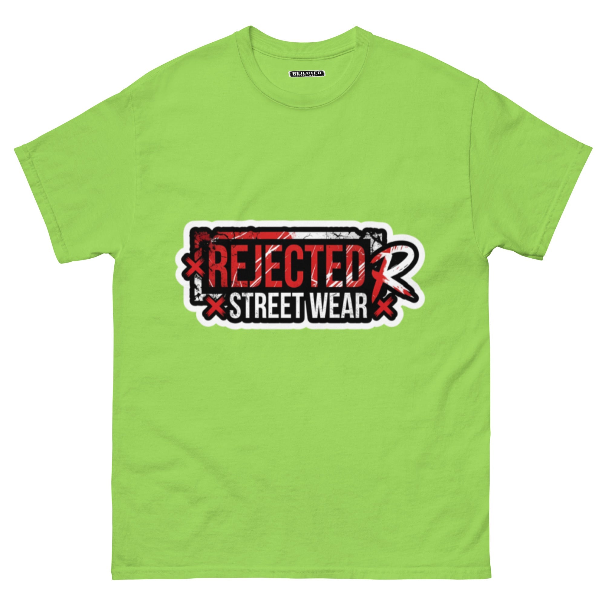 Rejected Street Wear red box logo tee — red-framed REJECTED STREET WEAR stamp with corner x marks and a red slash