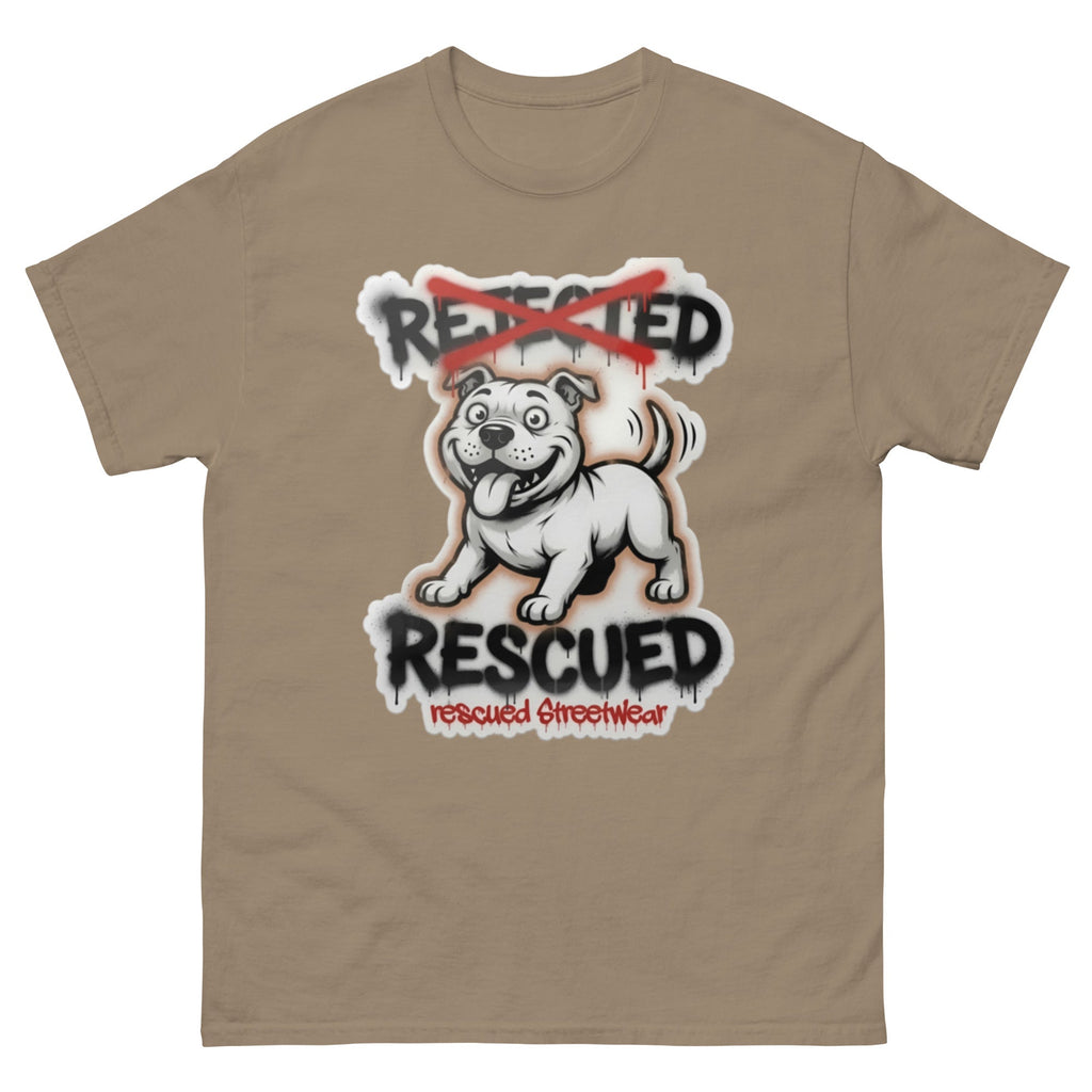 Rescued pit bull tee — white pit bull with REJECTED crossed out in red and RESCUED sprayed underneath