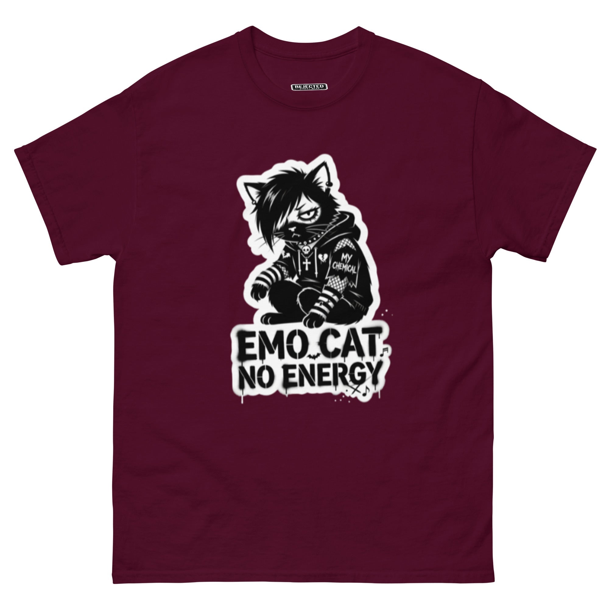 Emo Cat No Energy tee — grey cat with side-swept bangs and a patched hoodie under spray-paint lettering