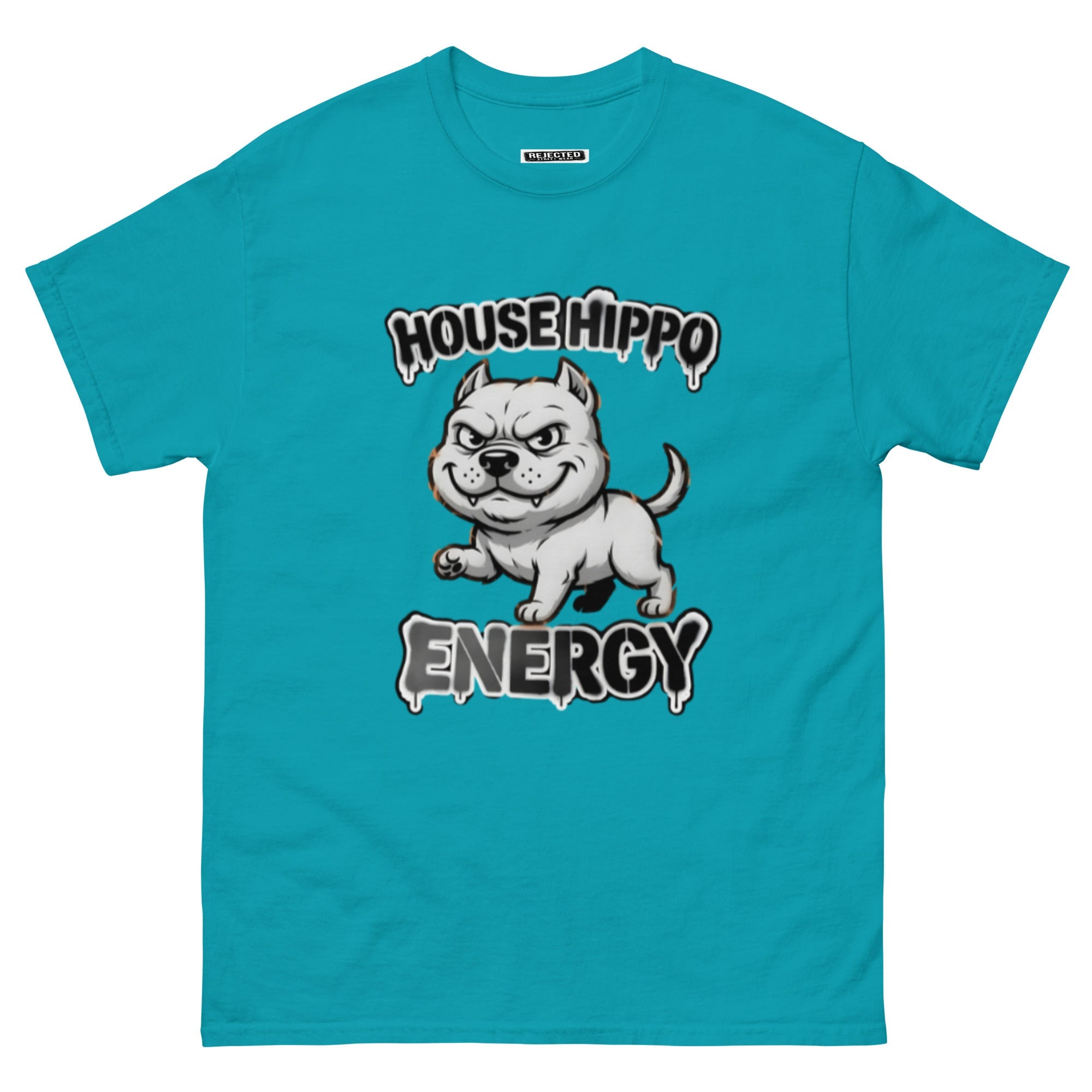 House Hippo Energy tee — stocky bully dog mid-stomp under drippy graffiti lettering