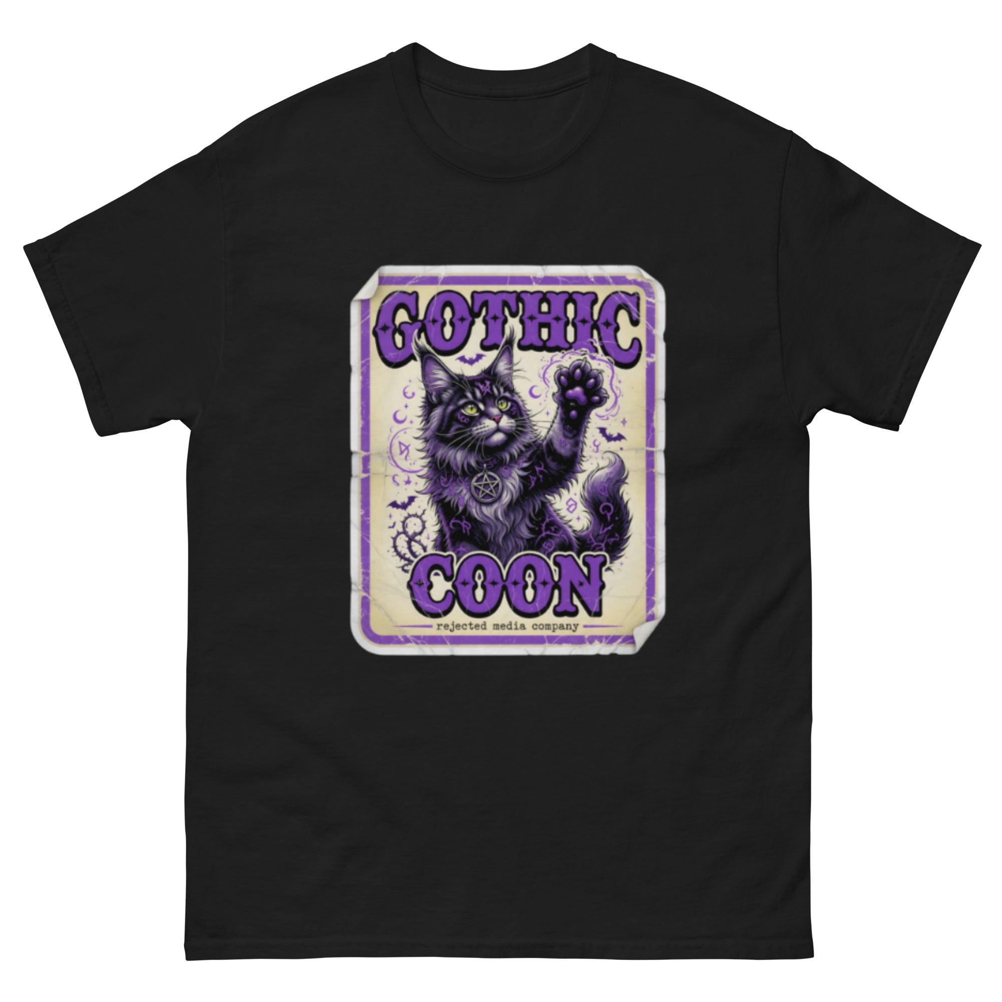Gothic Coon tee — purple and black Maine Coon cat with a pentacle collar and one paw raised, vintage poster frame