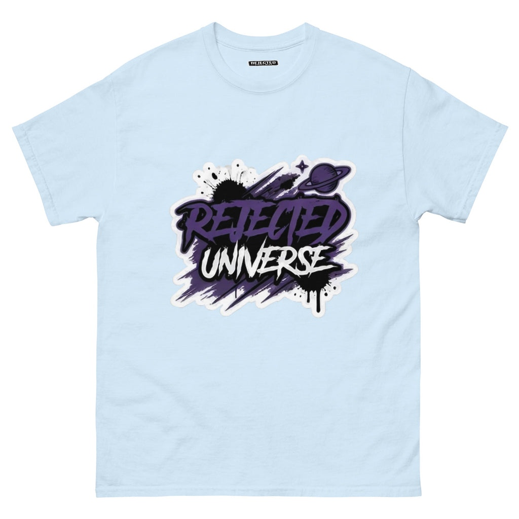 Rejected Universe logo tee in purple — leaning graffiti tag with an orbiting planet and spray splatter