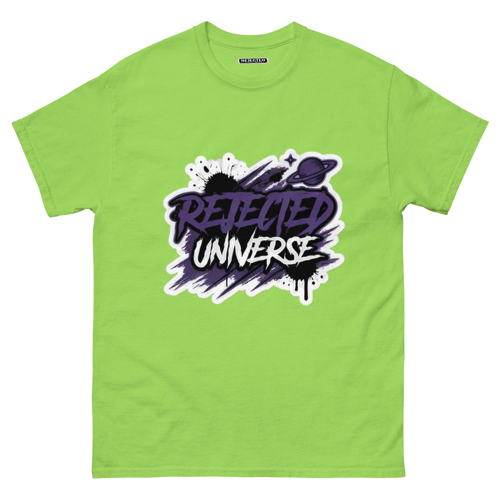 Rejected Universe logo tee in purple — leaning graffiti tag with an orbiting planet and spray splatter