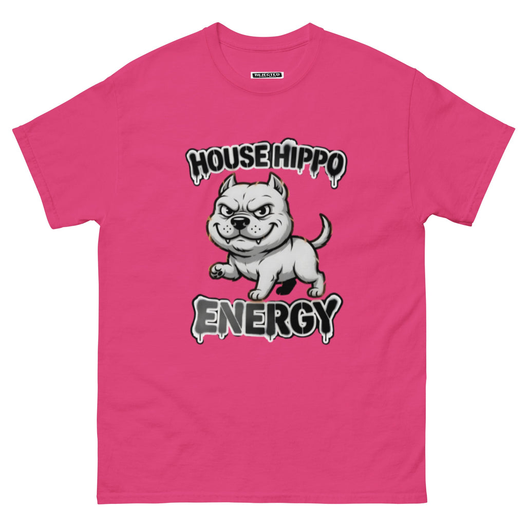 House Hippo Energy tee — stocky bully dog mid-stomp under drippy graffiti lettering