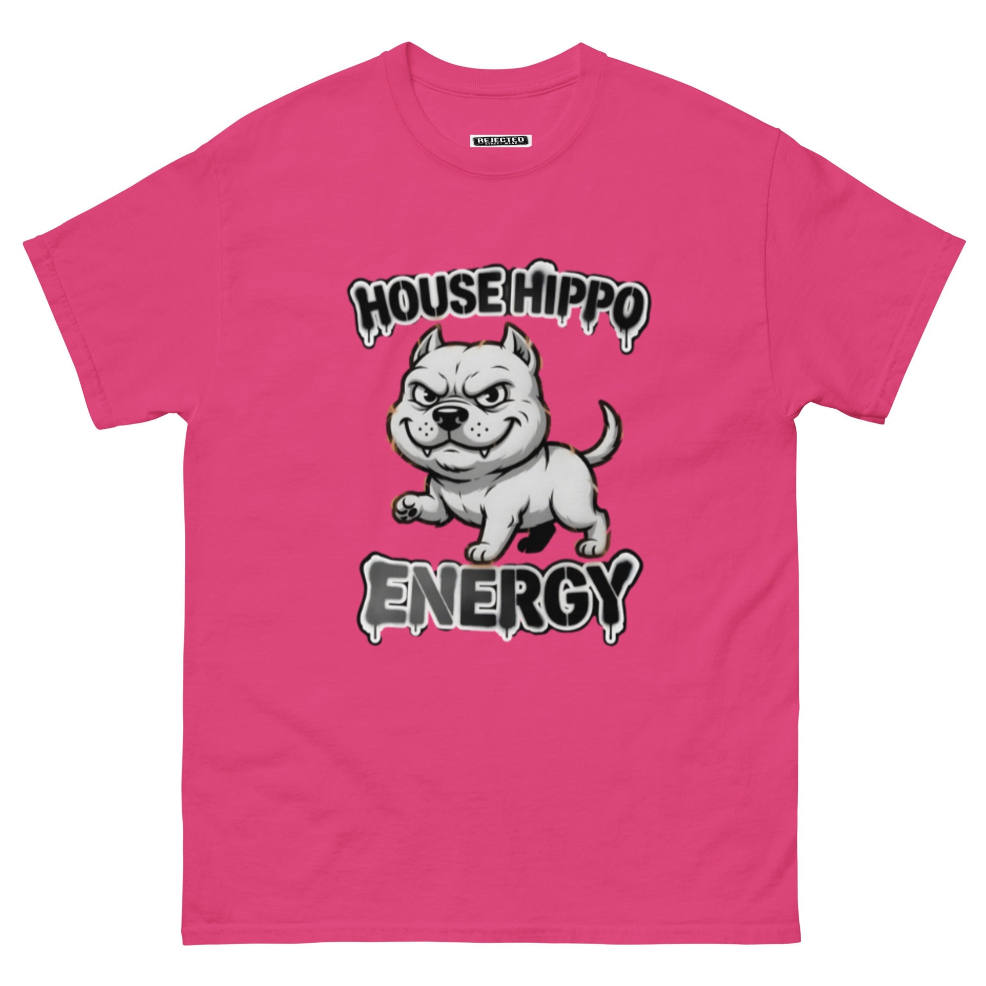 House Hippo Energy tee — stocky bully dog mid-stomp under drippy graffiti lettering