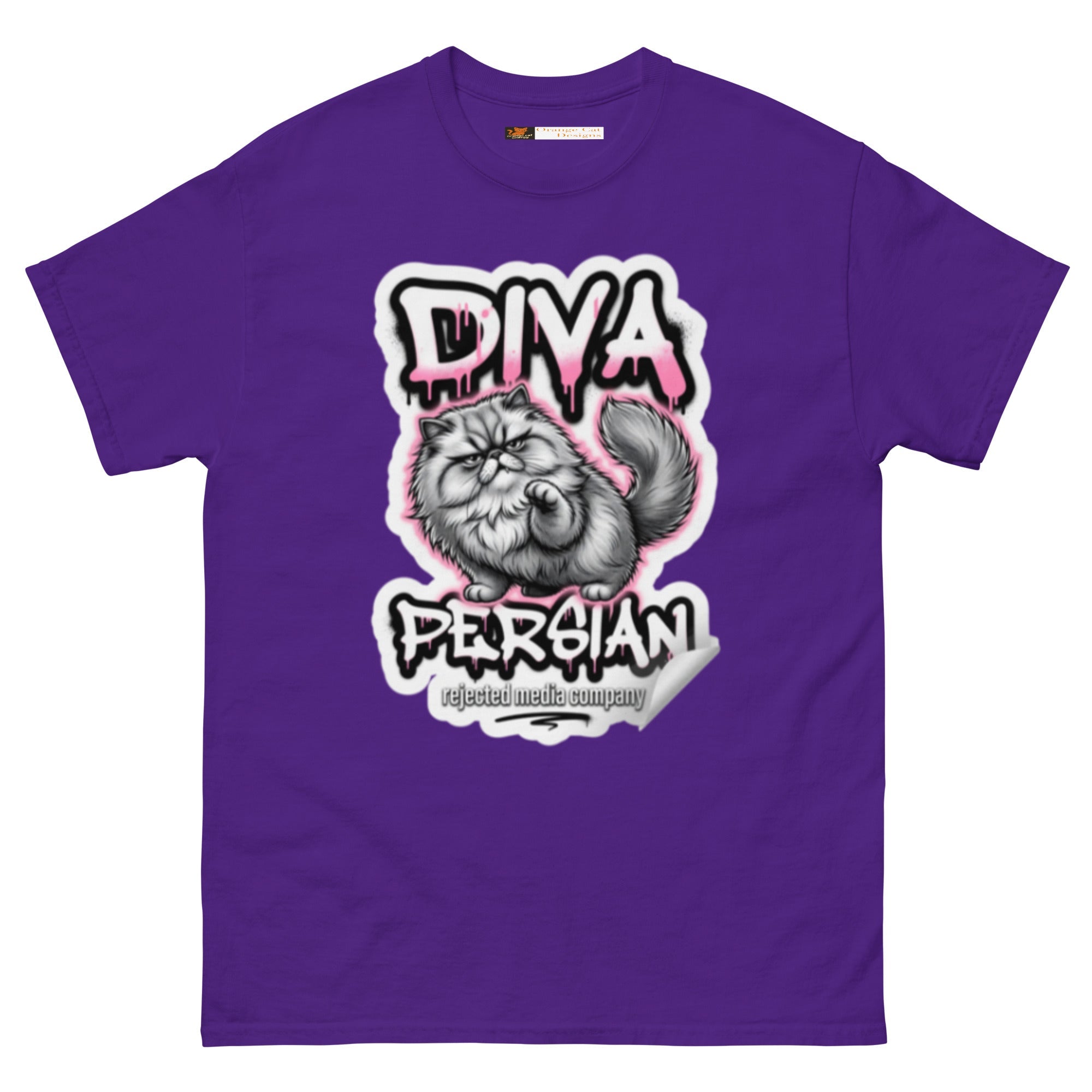 Diva Persian cat tee — fluffed-out Persian cat with an unimpressed face under pink graffiti drip lettering