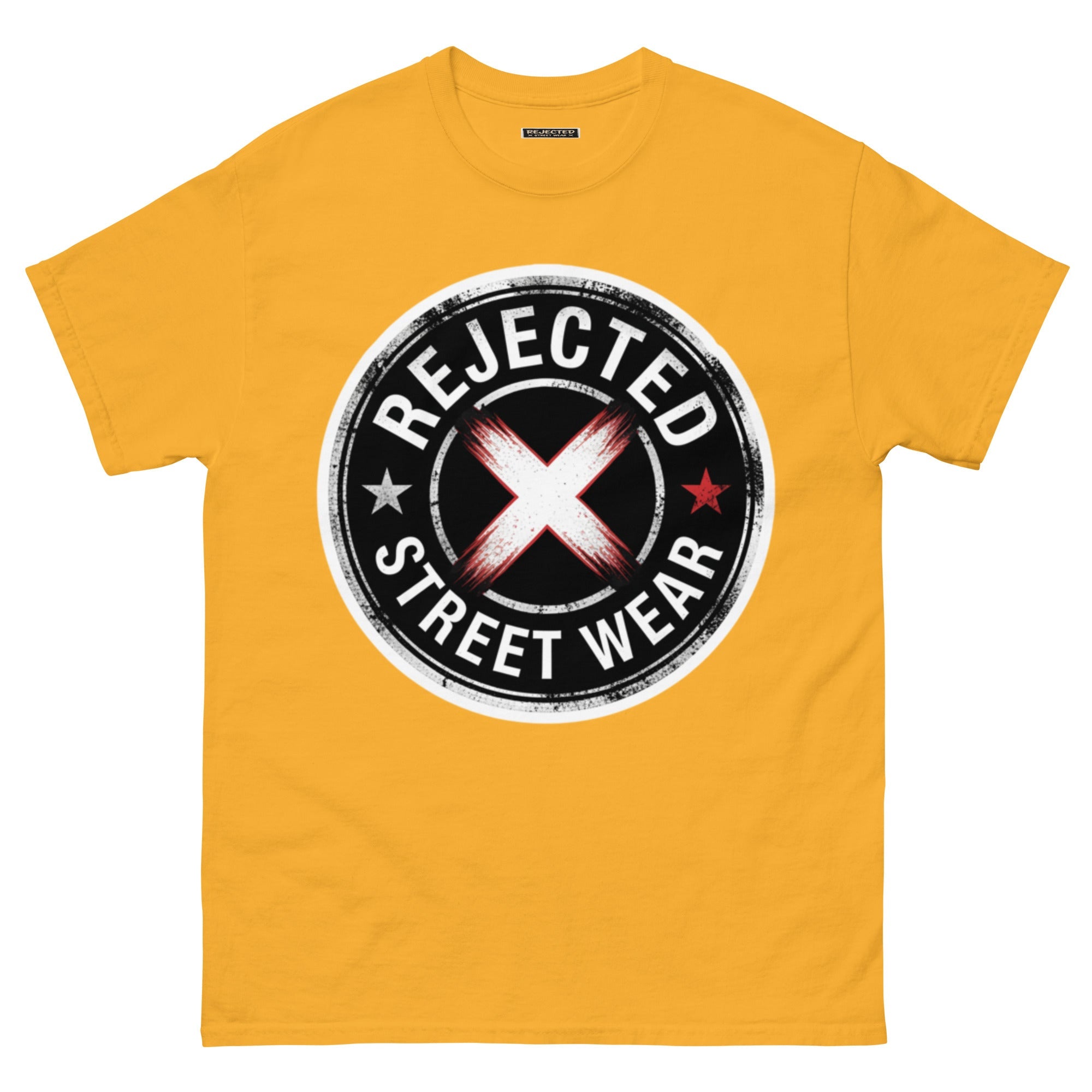 Rejected Street Wear barbed wire seal tee — distressed circular badge with REJECTED arched over a red and white brushed X