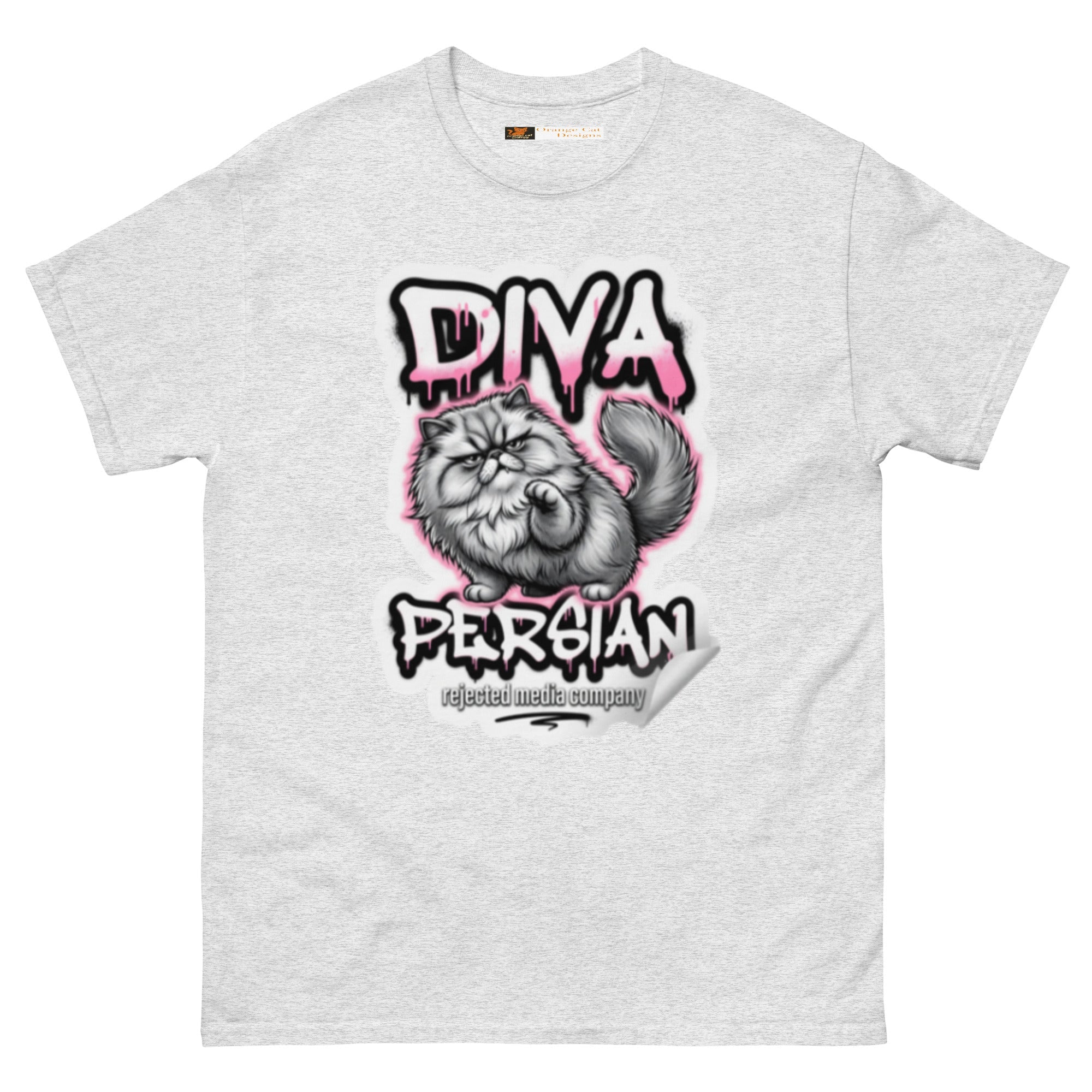 Diva Persian cat tee — fluffed-out Persian cat with an unimpressed face under pink graffiti drip lettering