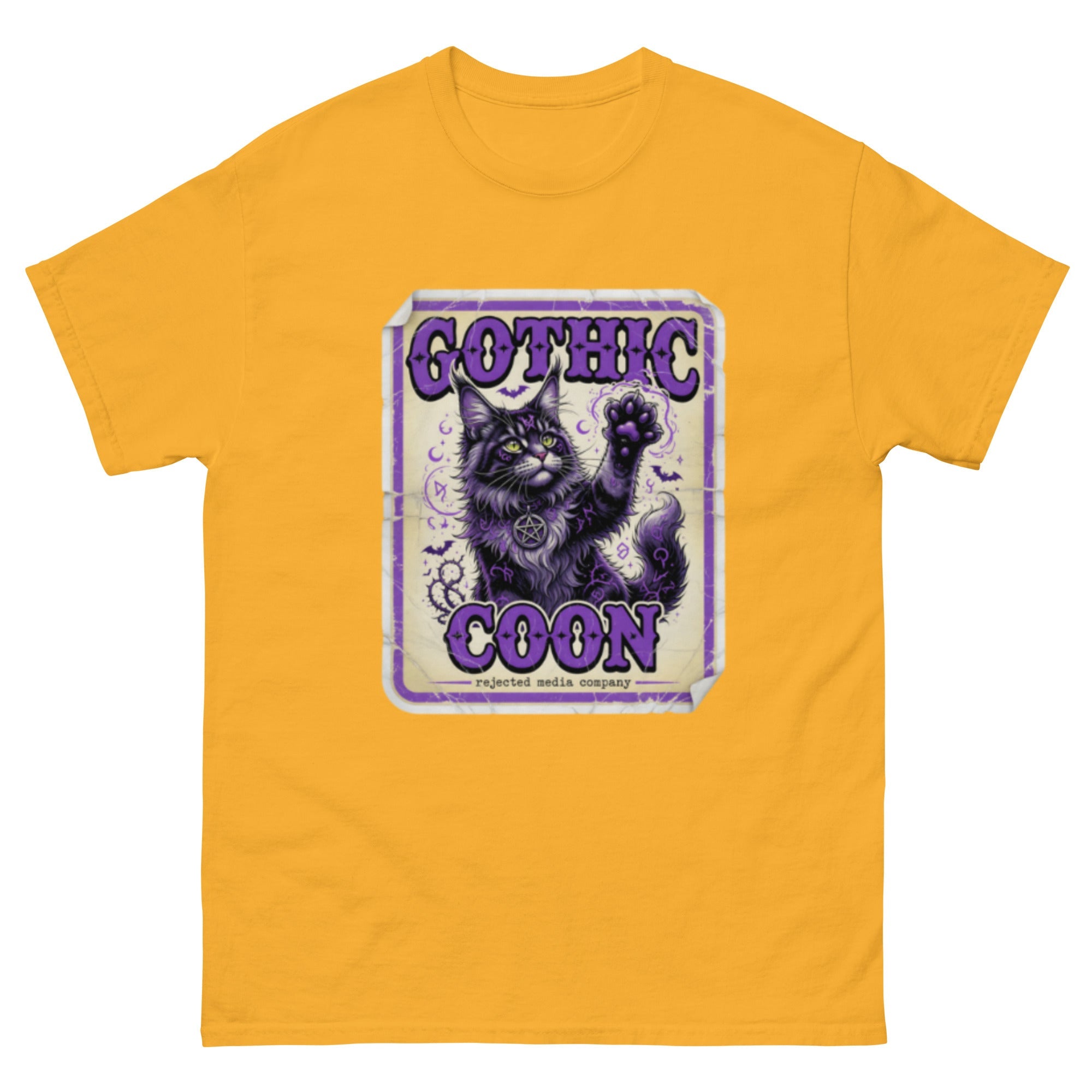 Gothic Coon tee — purple and black Maine Coon cat with a pentacle collar and one paw raised, vintage poster frame