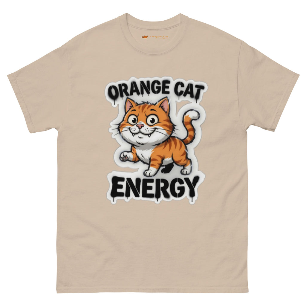 Orange Cat Energy tee — wide-eyed orange tabby mid-launch under drippy graffiti lettering