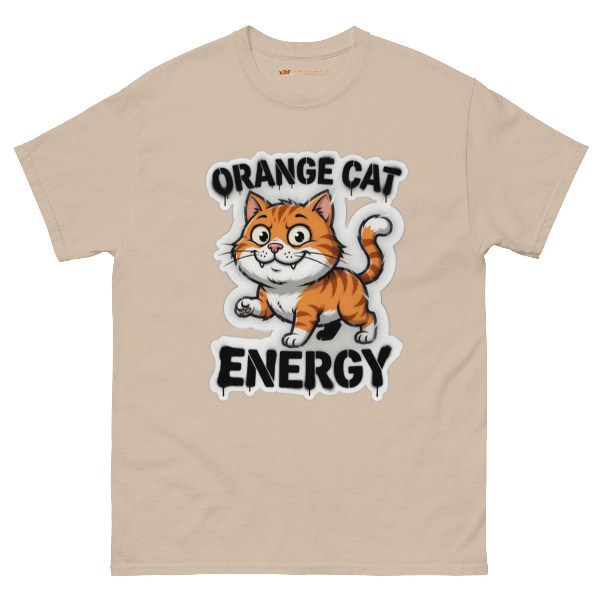 Orange Cat Energy tee — wide-eyed orange tabby mid-launch under drippy graffiti lettering