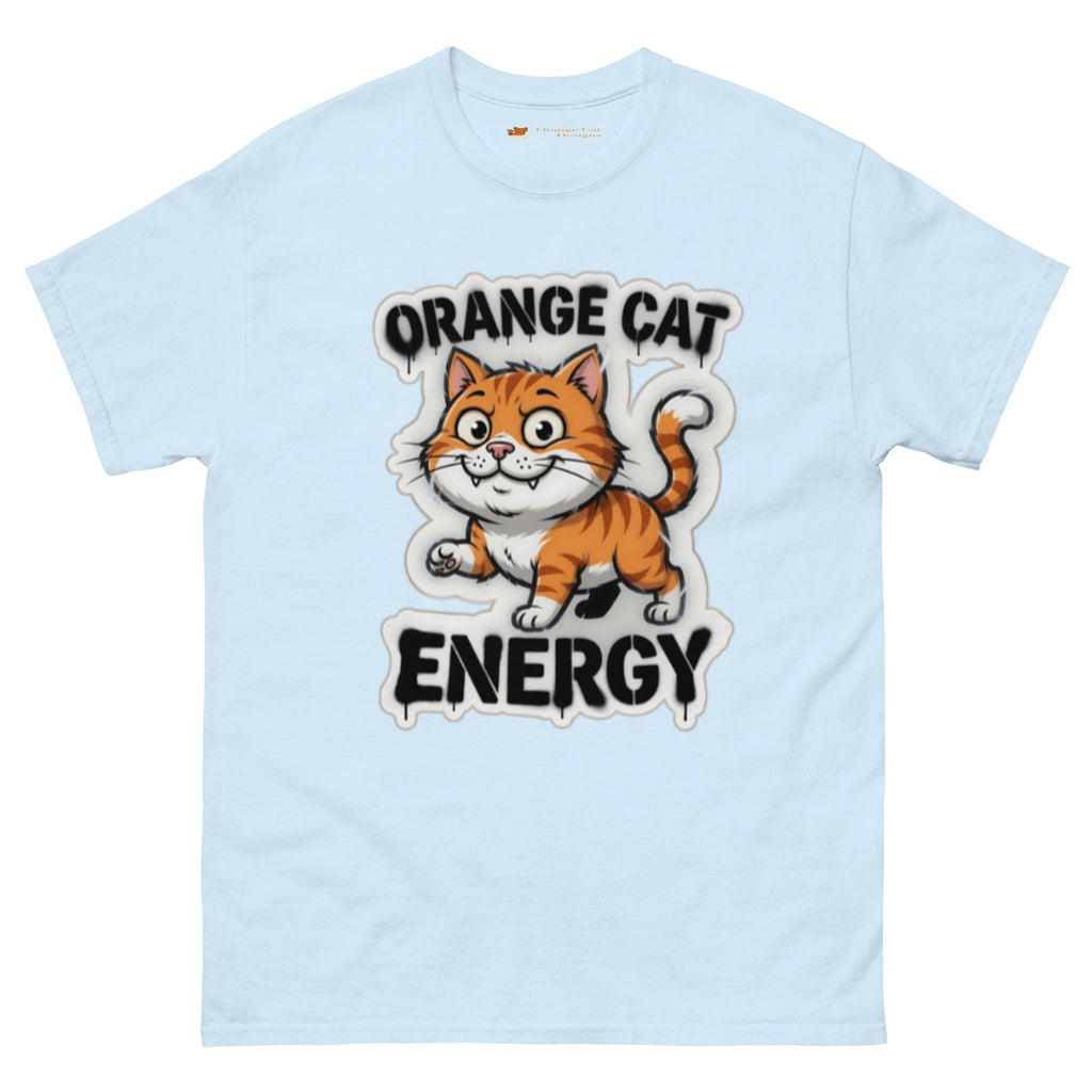 Orange Cat Energy tee — wide-eyed orange tabby mid-launch under drippy graffiti lettering