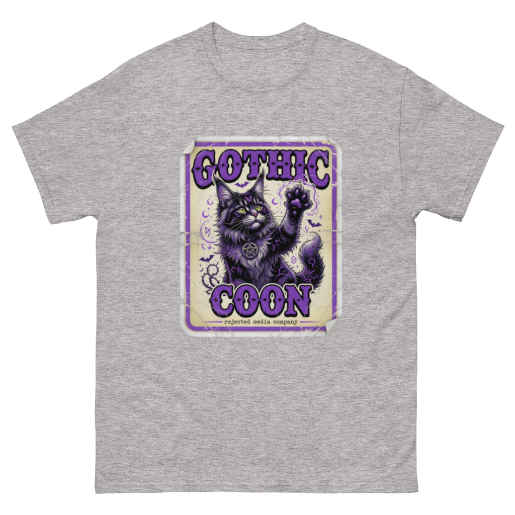Gothic Coon tee — purple and black Maine Coon cat with a pentacle collar and one paw raised, vintage poster frame
