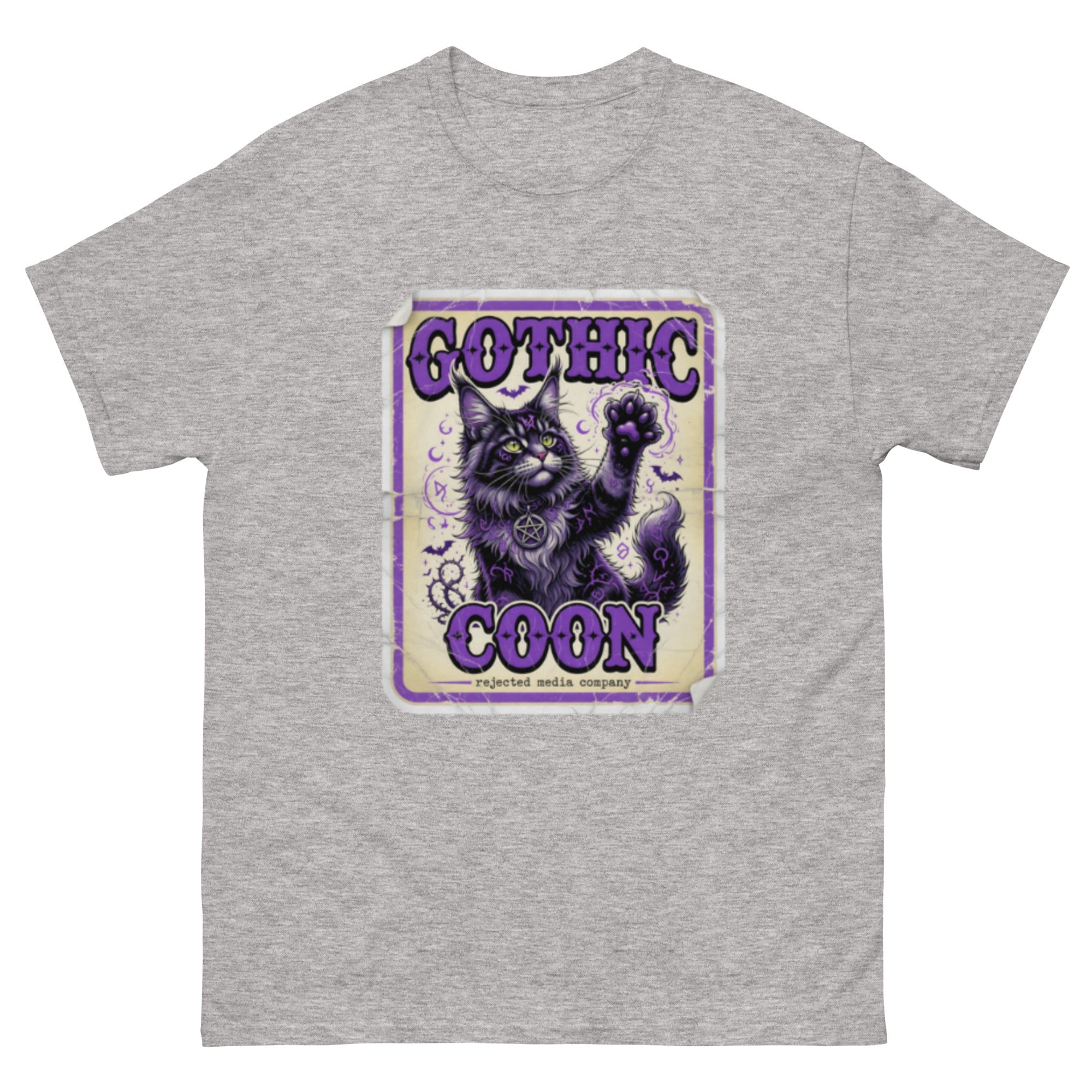 Gothic Coon tee — purple and black Maine Coon cat with a pentacle collar and one paw raised, vintage poster frame