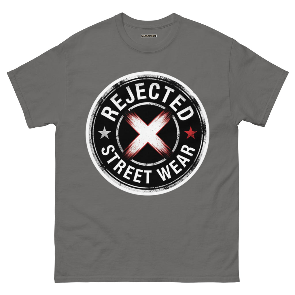 Rejected Street Wear barbed wire seal tee — distressed circular badge with REJECTED arched over a red and white brushed X