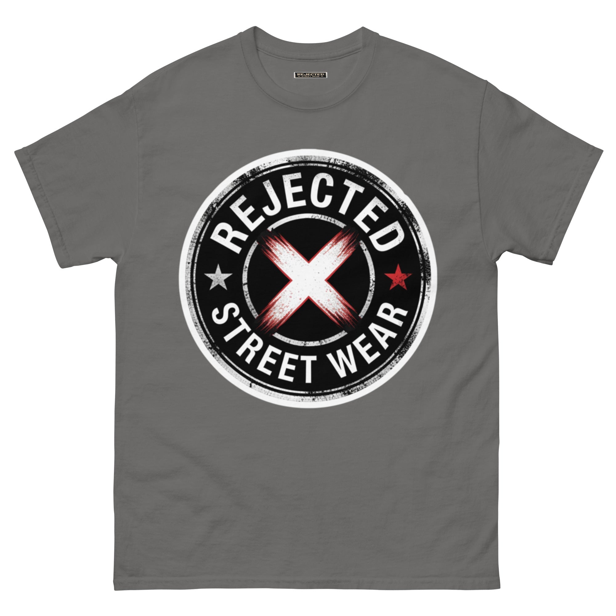 Rejected Street Wear barbed wire seal tee — distressed circular badge with REJECTED arched over a red and white brushed X