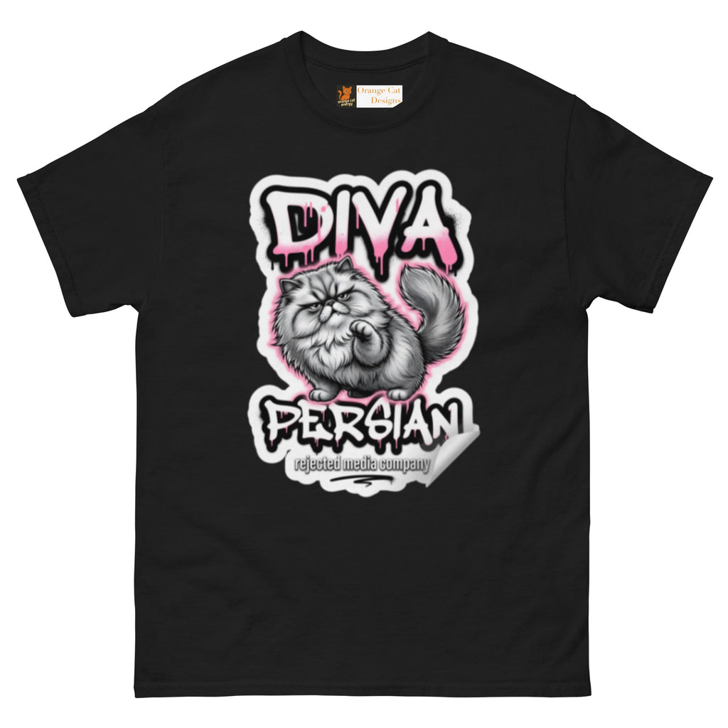 Diva Persian cat tee — fluffed-out Persian cat with an unimpressed face under pink graffiti drip lettering