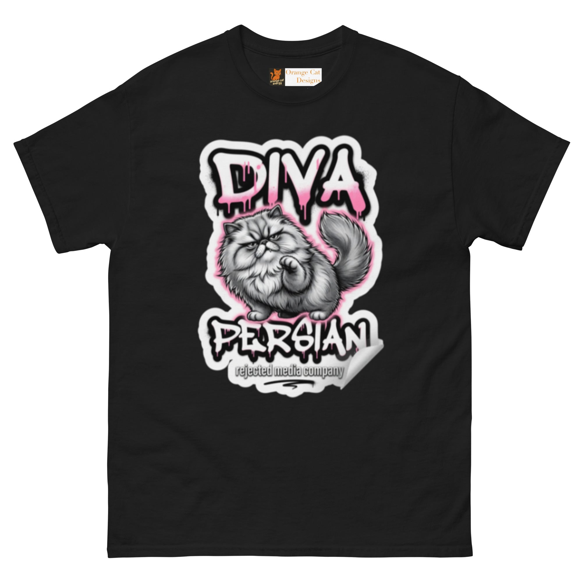 Diva Persian cat tee — fluffed-out Persian cat with an unimpressed face under pink graffiti drip lettering