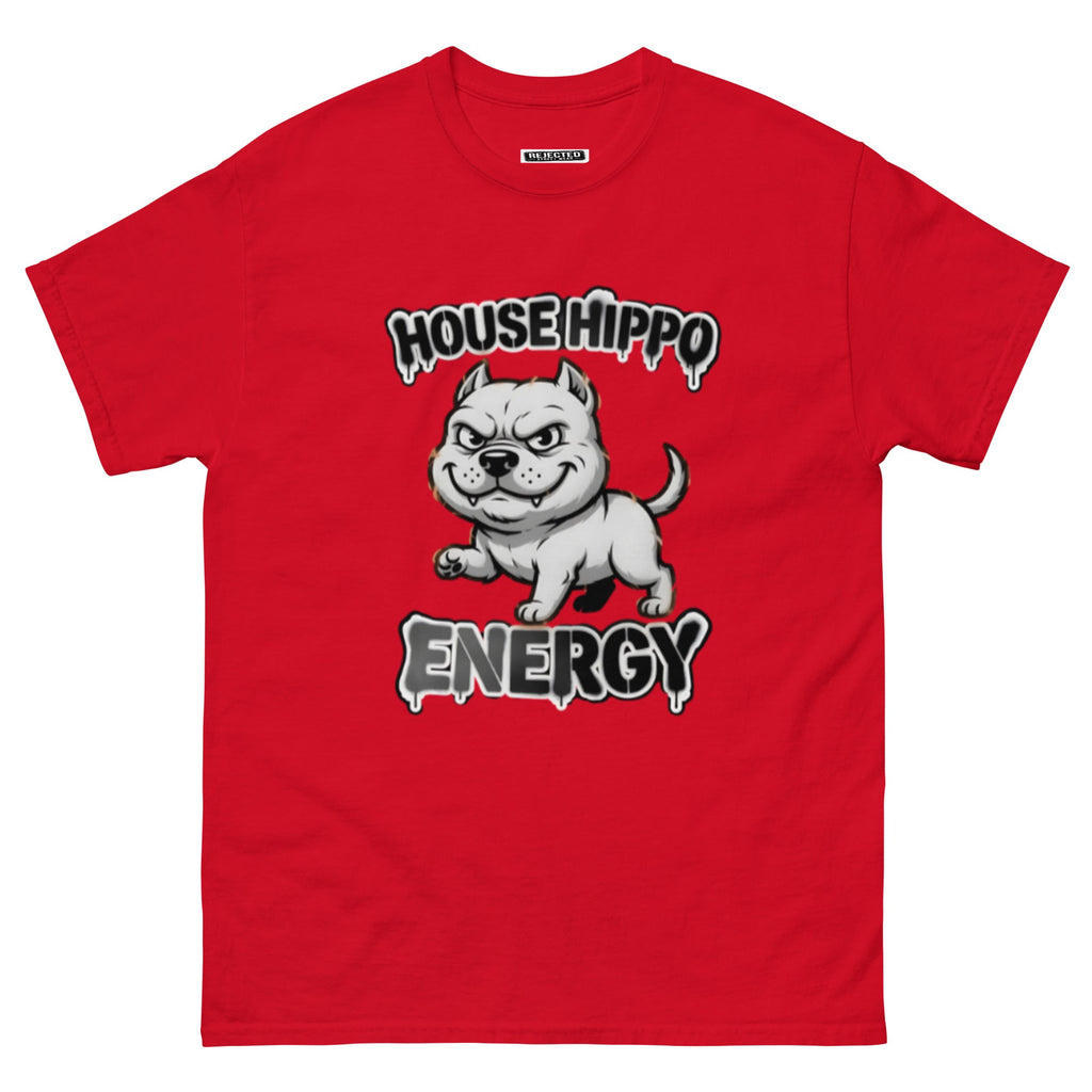 House Hippo Energy tee — stocky bully dog mid-stomp under drippy graffiti lettering