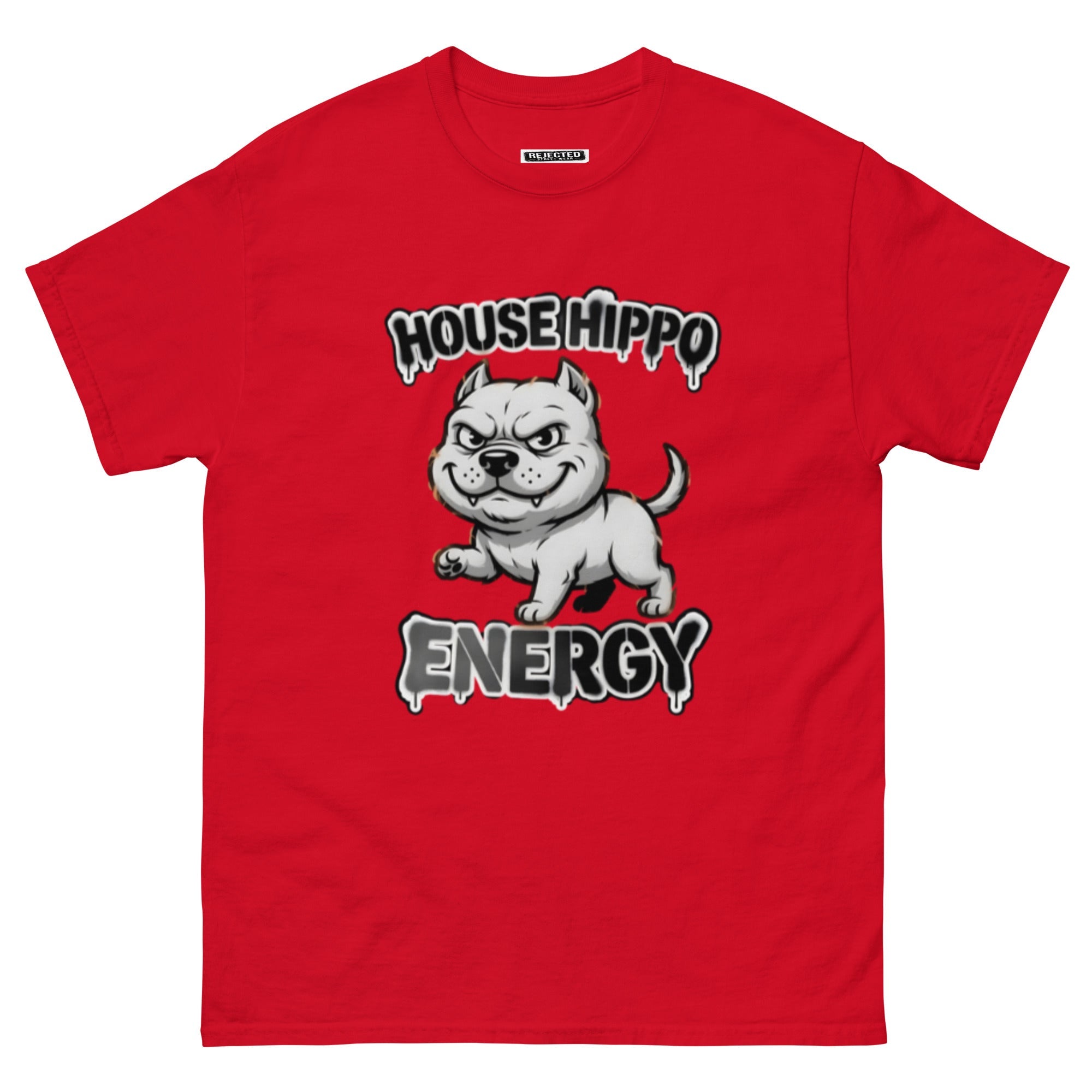 House Hippo Energy tee — stocky bully dog mid-stomp under drippy graffiti lettering