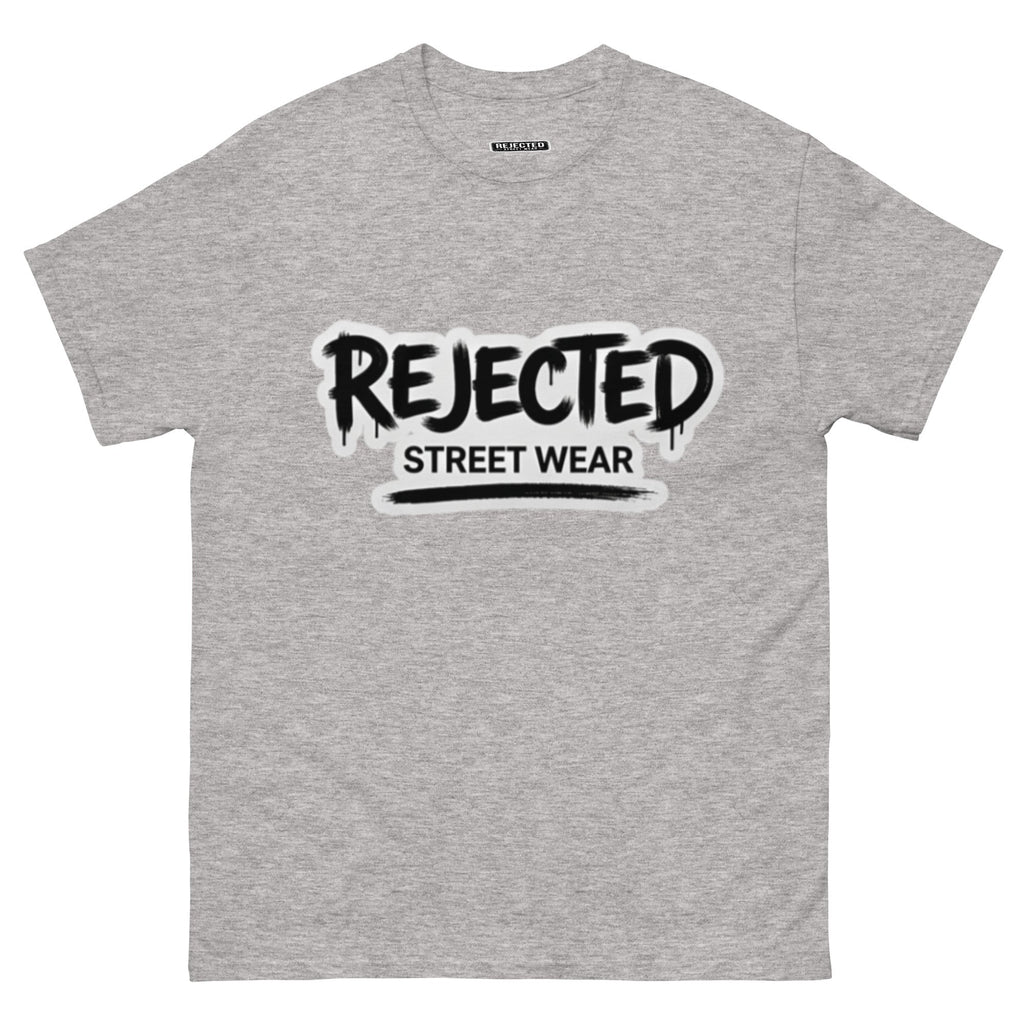 Rejected Street Wear graffiti logo tee — REJECTED in dripping spray-paint script over underlined STREET WEAR