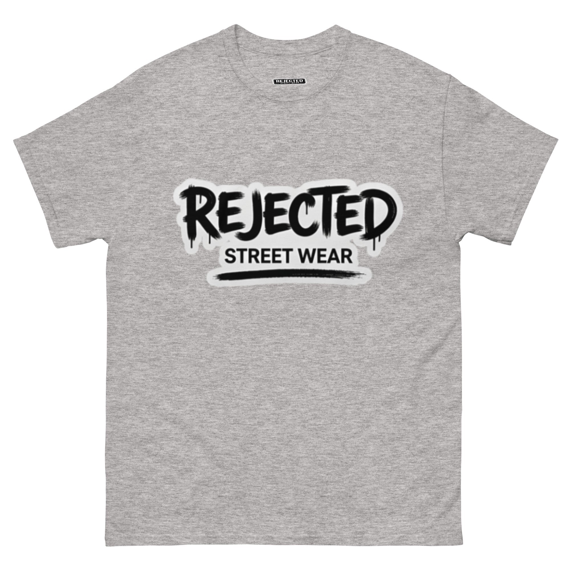Rejected Street Wear graffiti logo tee — REJECTED in dripping spray-paint script over underlined STREET WEAR