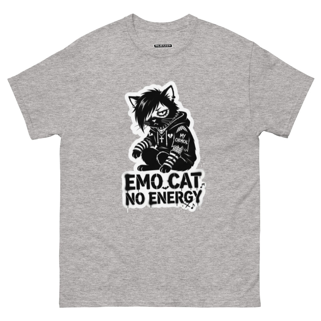 Emo Cat No Energy tee — grey cat with side-swept bangs and a patched hoodie under spray-paint lettering