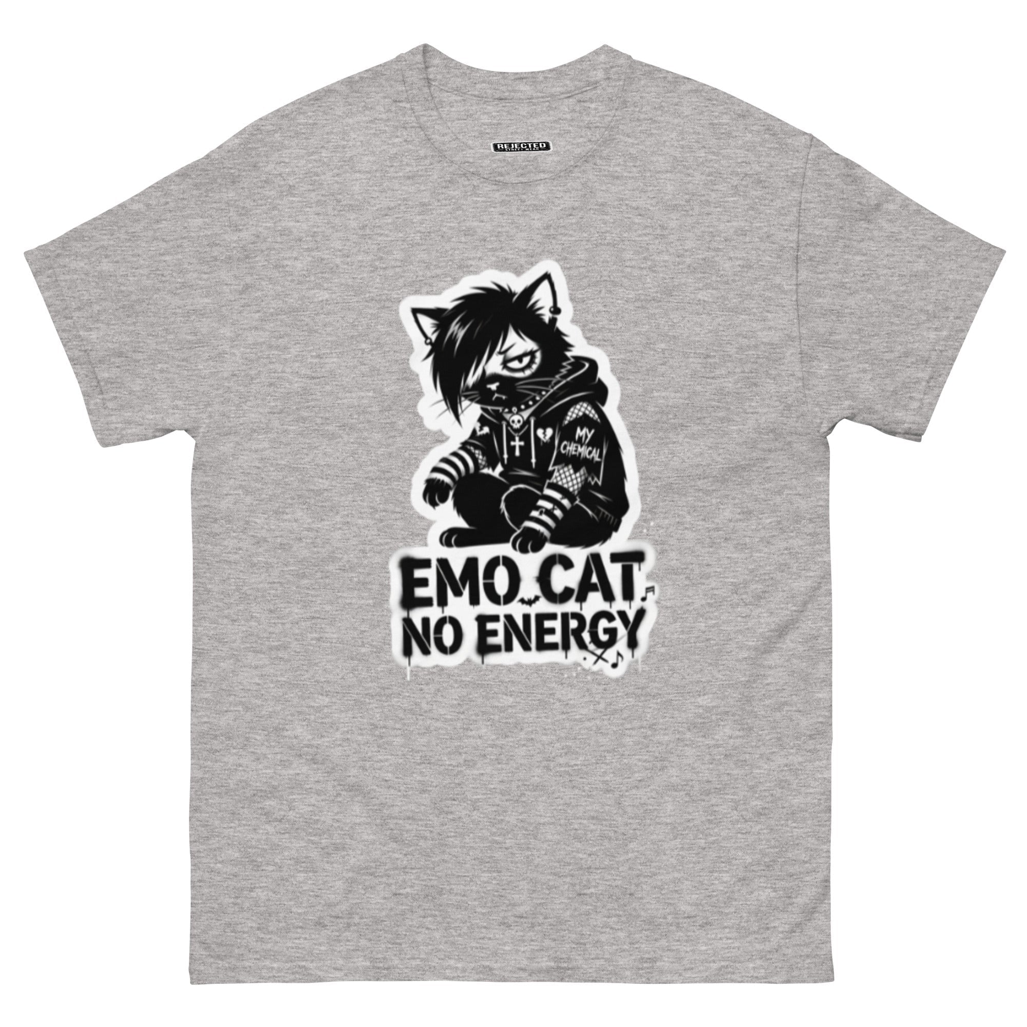 Emo Cat No Energy tee — grey cat with side-swept bangs and a patched hoodie under spray-paint lettering