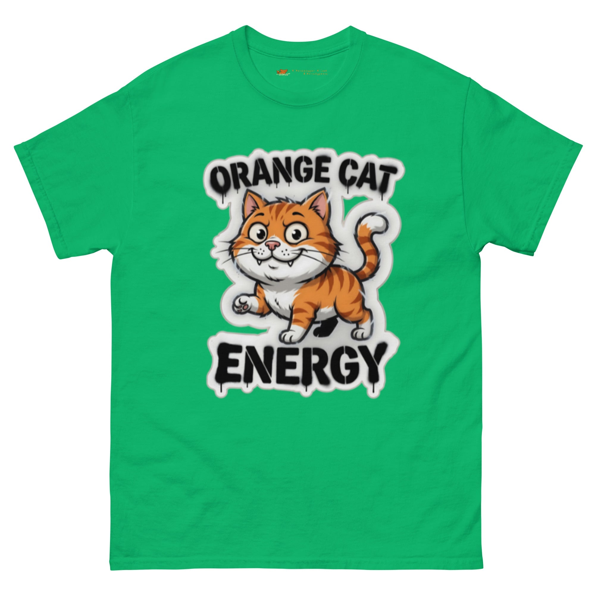 Orange Cat Energy tee — wide-eyed orange tabby mid-launch under drippy graffiti lettering