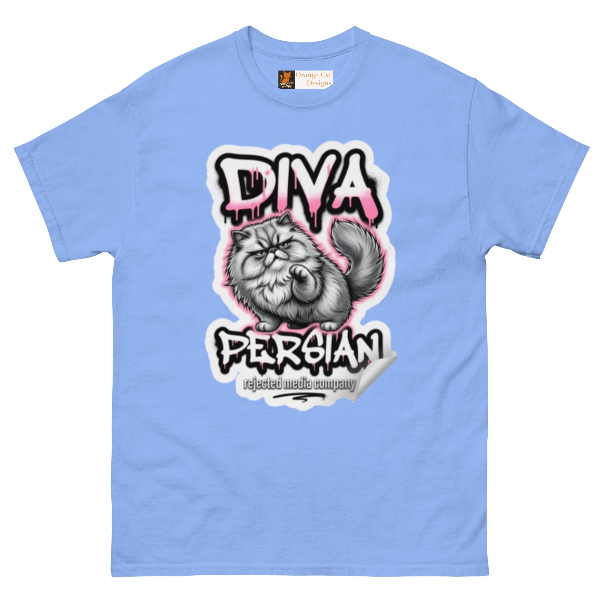 Diva Persian cat tee — fluffed-out Persian cat with an unimpressed face under pink graffiti drip lettering