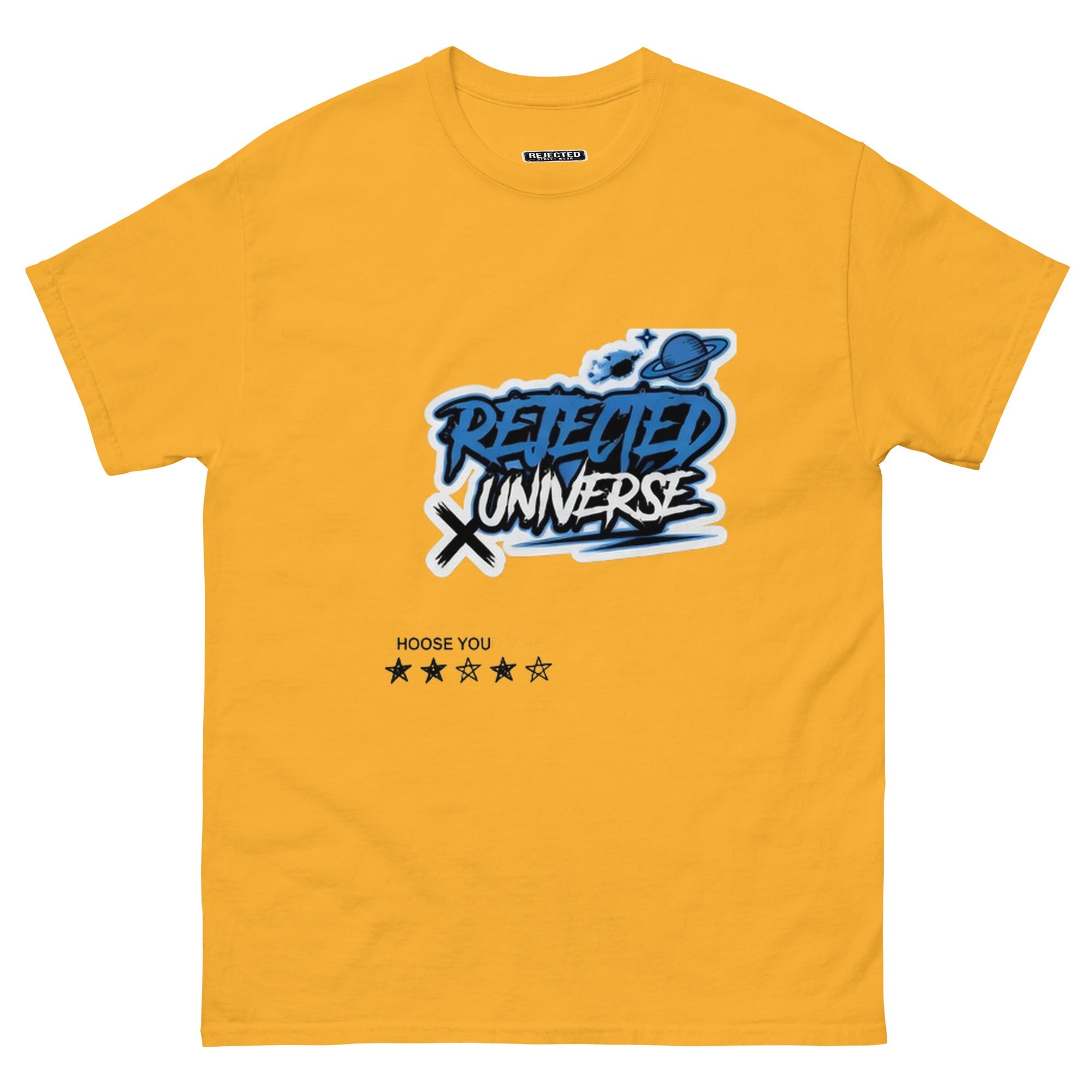 Rejected Universe logo tee in blue — graffiti tag with a planet and trailing stars
