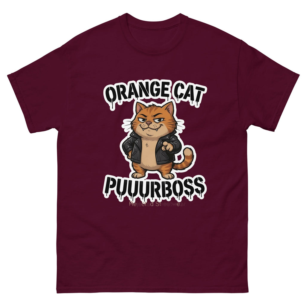 Purrboss orange cat tee — orange tabby in a leather jacket, arms crossed, under arched graffiti lettering