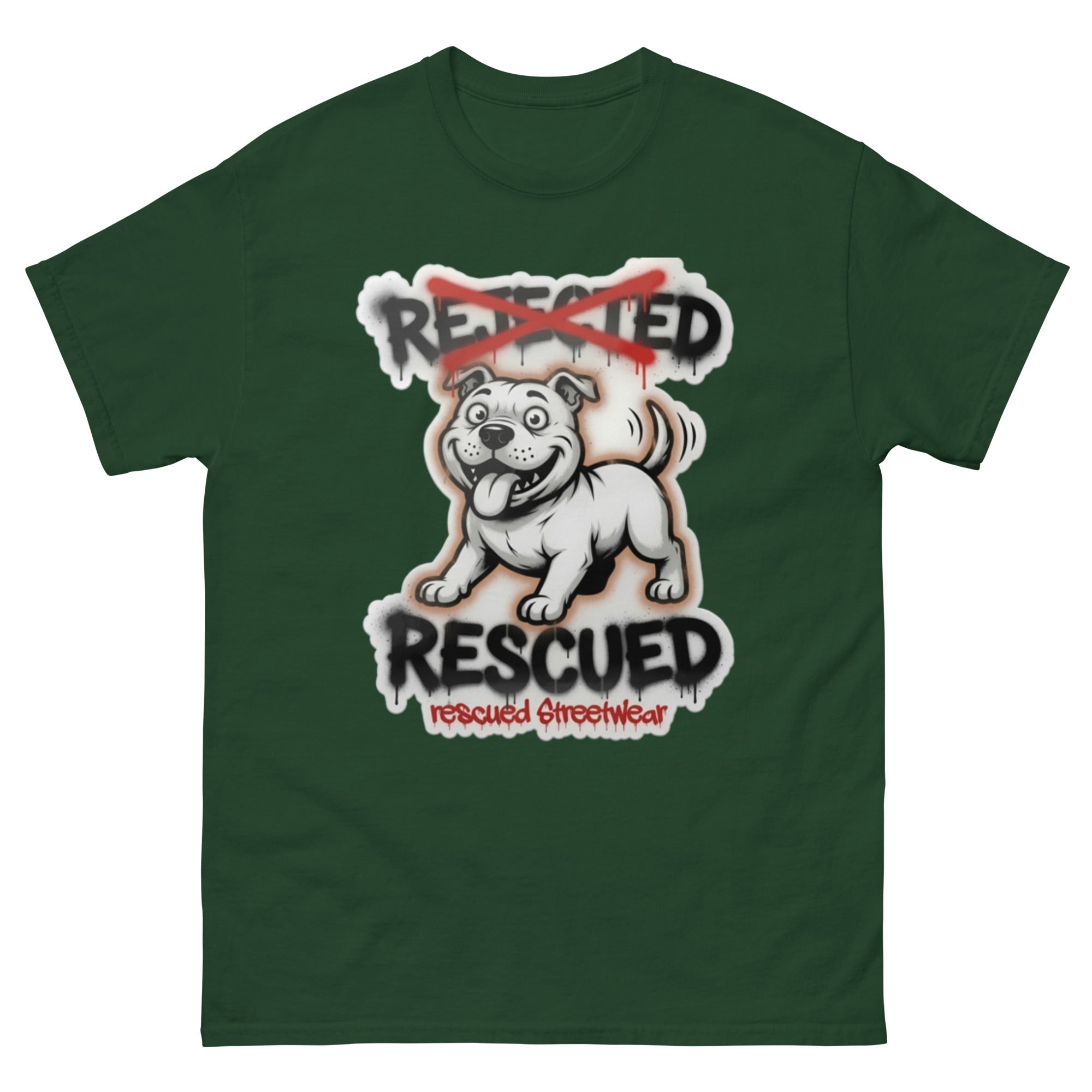 Rescued pit bull tee — white pit bull with REJECTED crossed out in red and RESCUED sprayed underneath