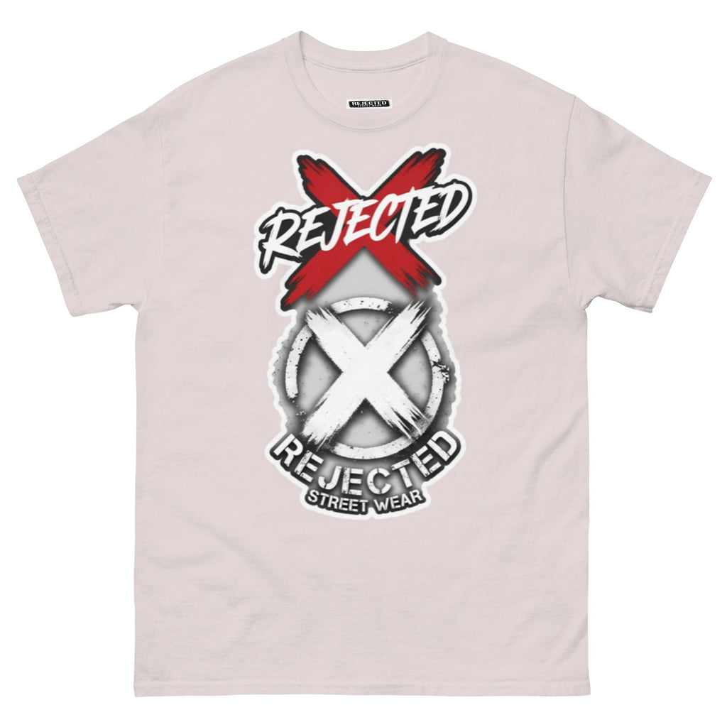 Reject Labels Be Human tee — REJECTED crossed out in red above the X emblem with the word Human underneath